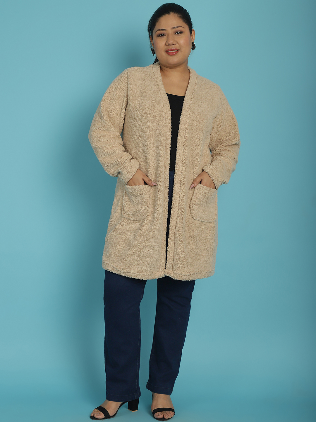 Women's Plus Size Off White Solid Color Teddy Longline Jacket