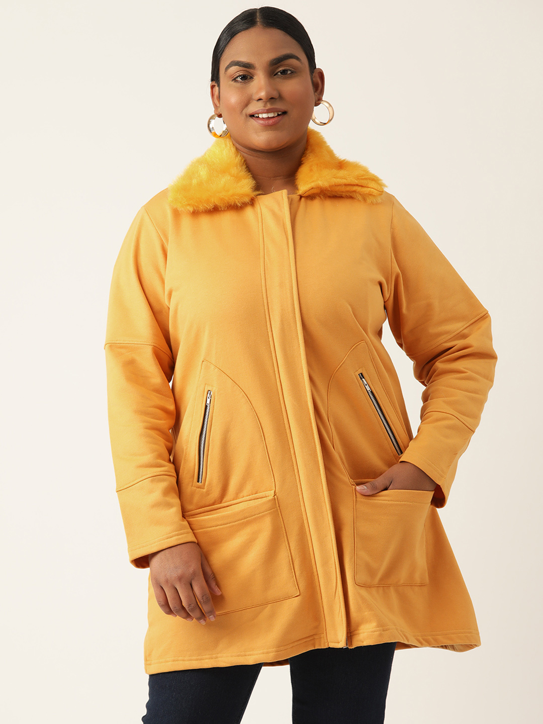 Women's Plus Size Yellow Solid Color Fleece Winter Longline Jacket