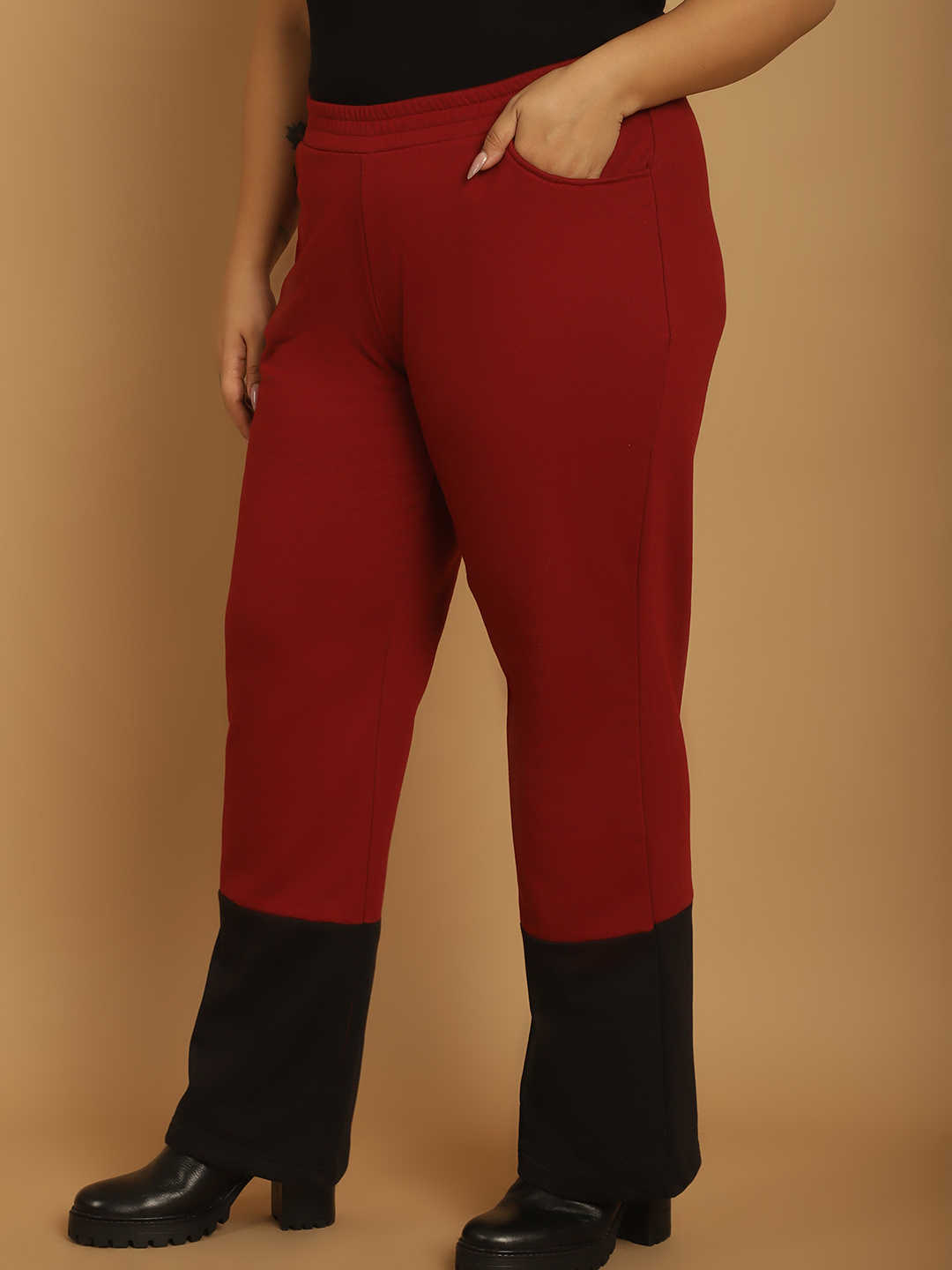 Women's Plus Size Maroon & Black Color Block Winter Trouser