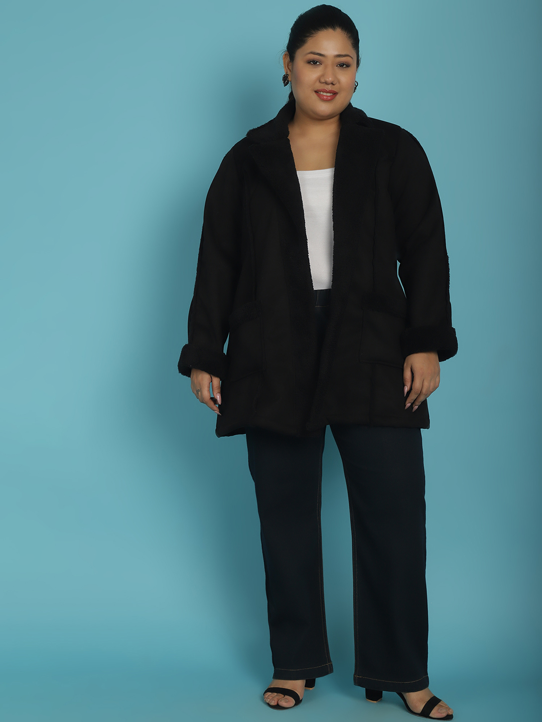 Women's Plus Size Black Solid Color bonded Fur Longline Jacket