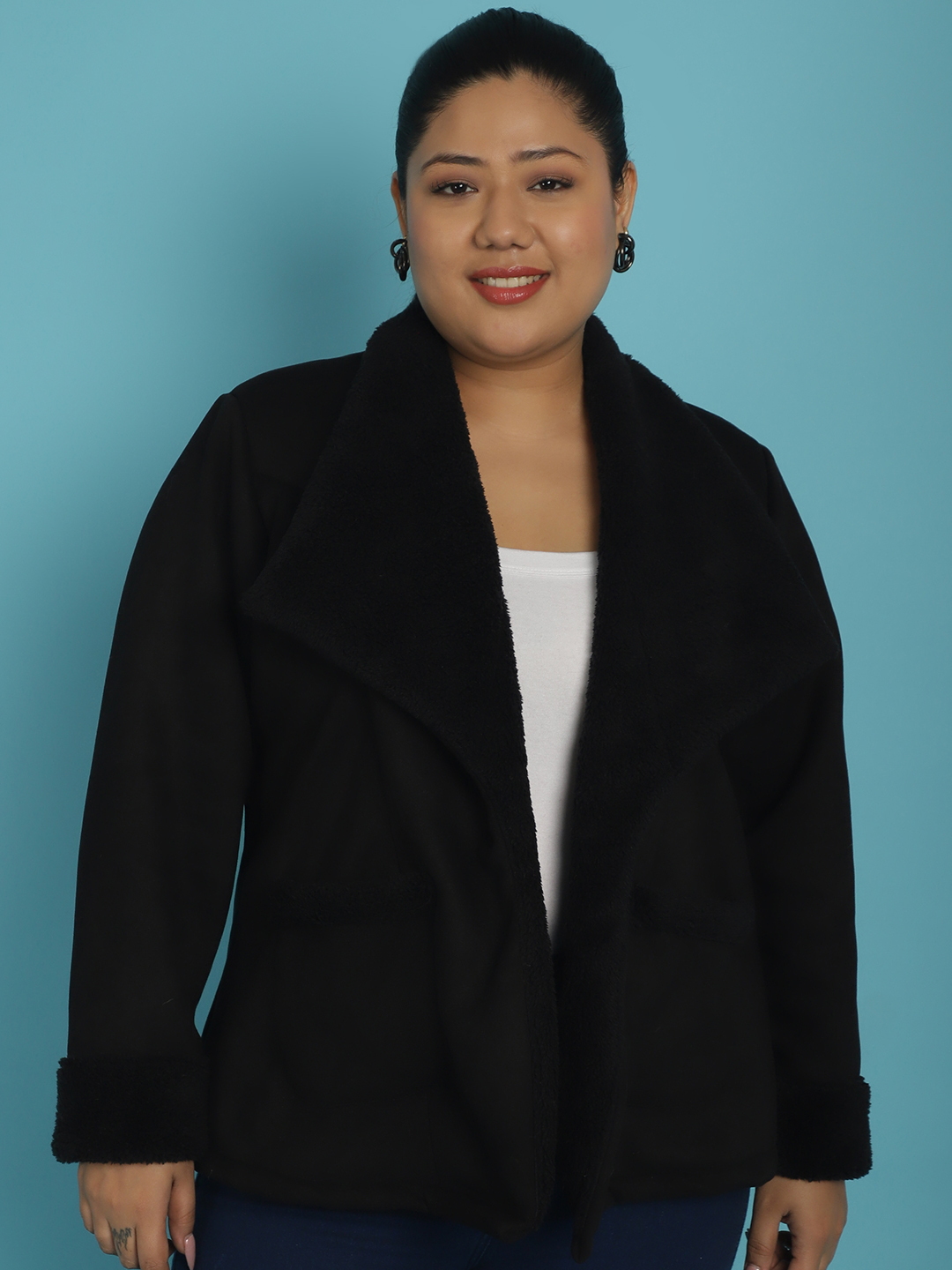 Women's Plus Size Black Solid Color bonded Fur Jacket