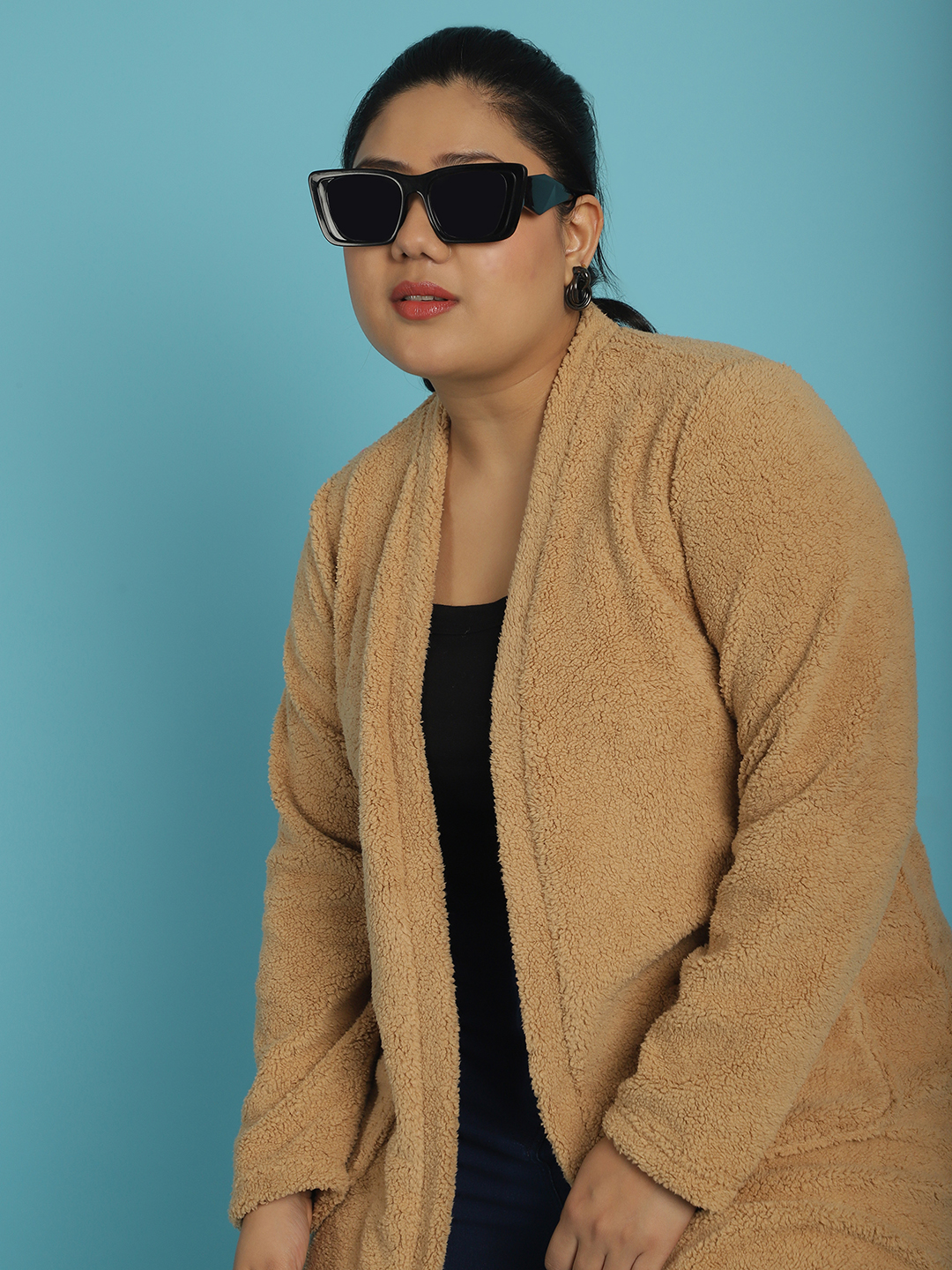 Women's Plus Size Camel Brown Solid Color Teddy Longline Jacket