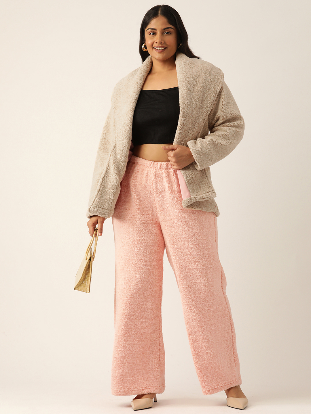 Women's Plus Size Off White Solid Color Teddy Winter Jacket