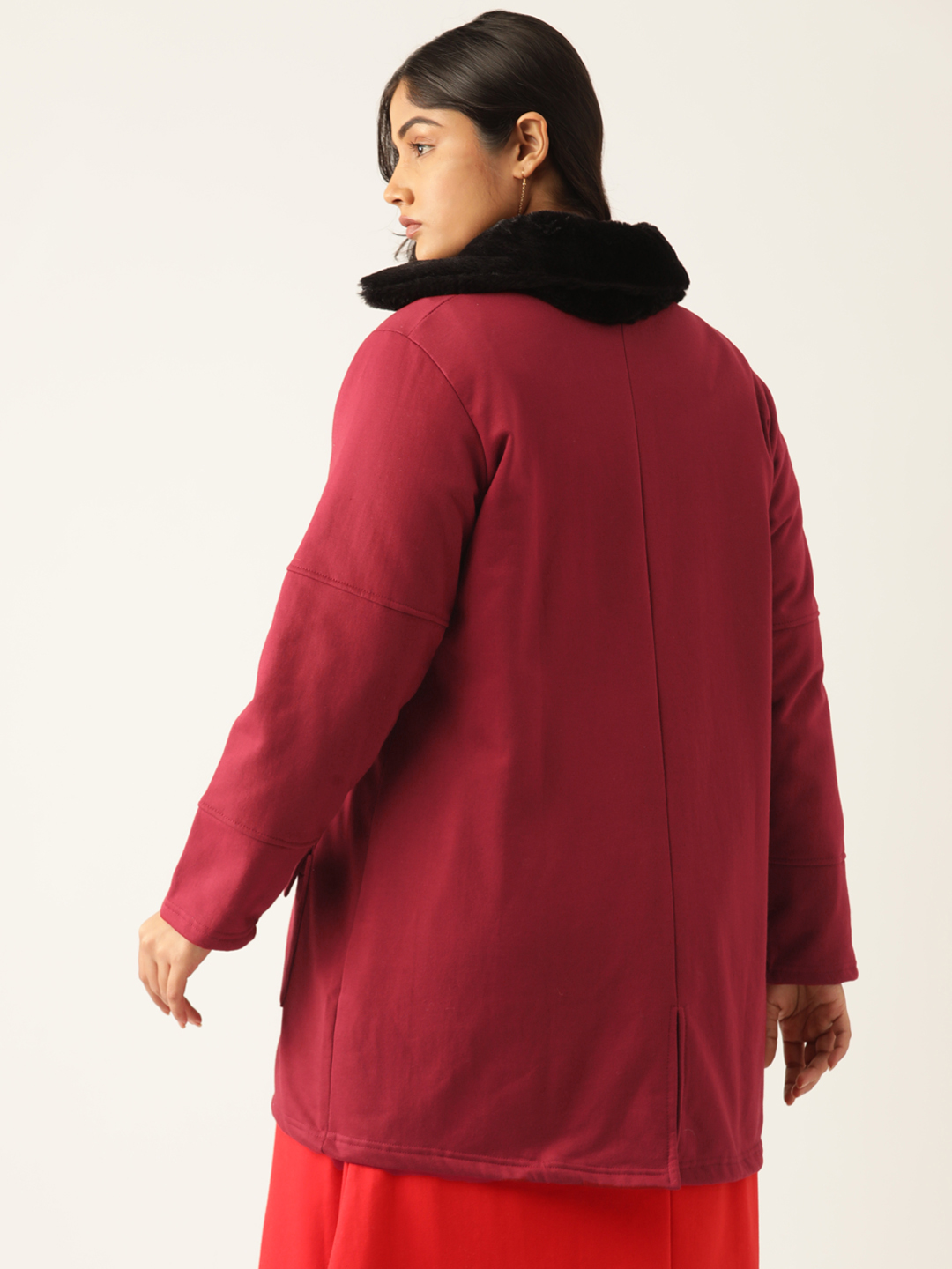 Women's Plus Size Maroon Solid Color Fleece Winter Longline Jacket