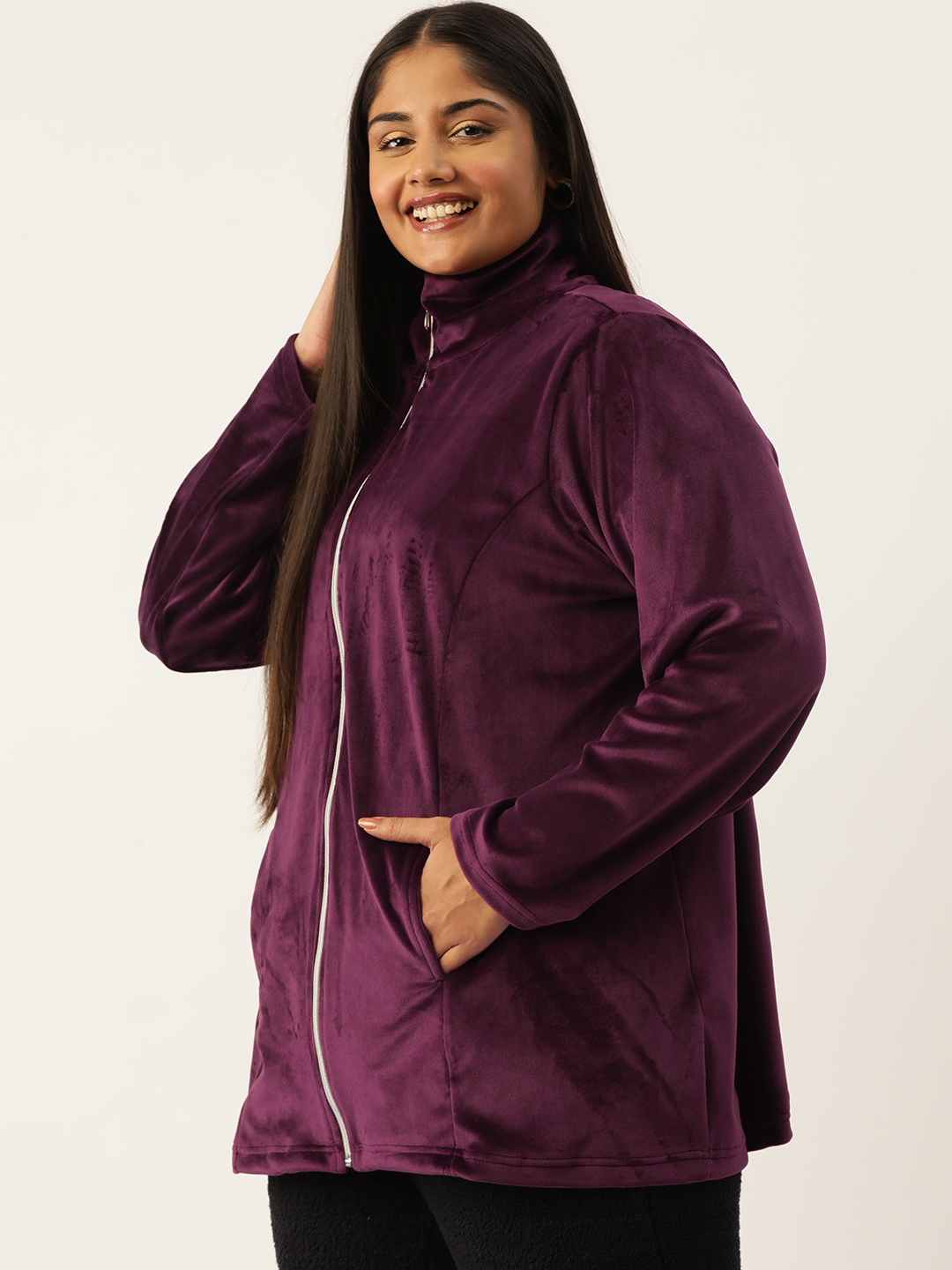 Women's Plus Size Plum Solid Color knitted winter Jacket