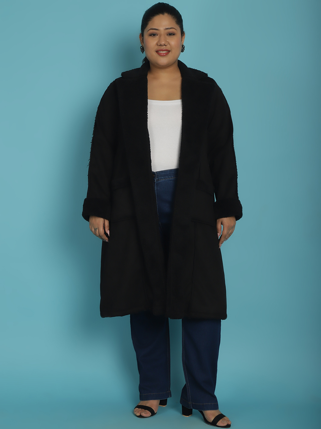 Women's Plus Size Black Solid Color bonded Fur Longline Jacket