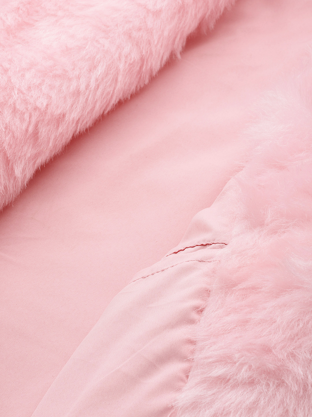 Women's Plus Size Pink soild color faux fur longline winter jacket with attached lining