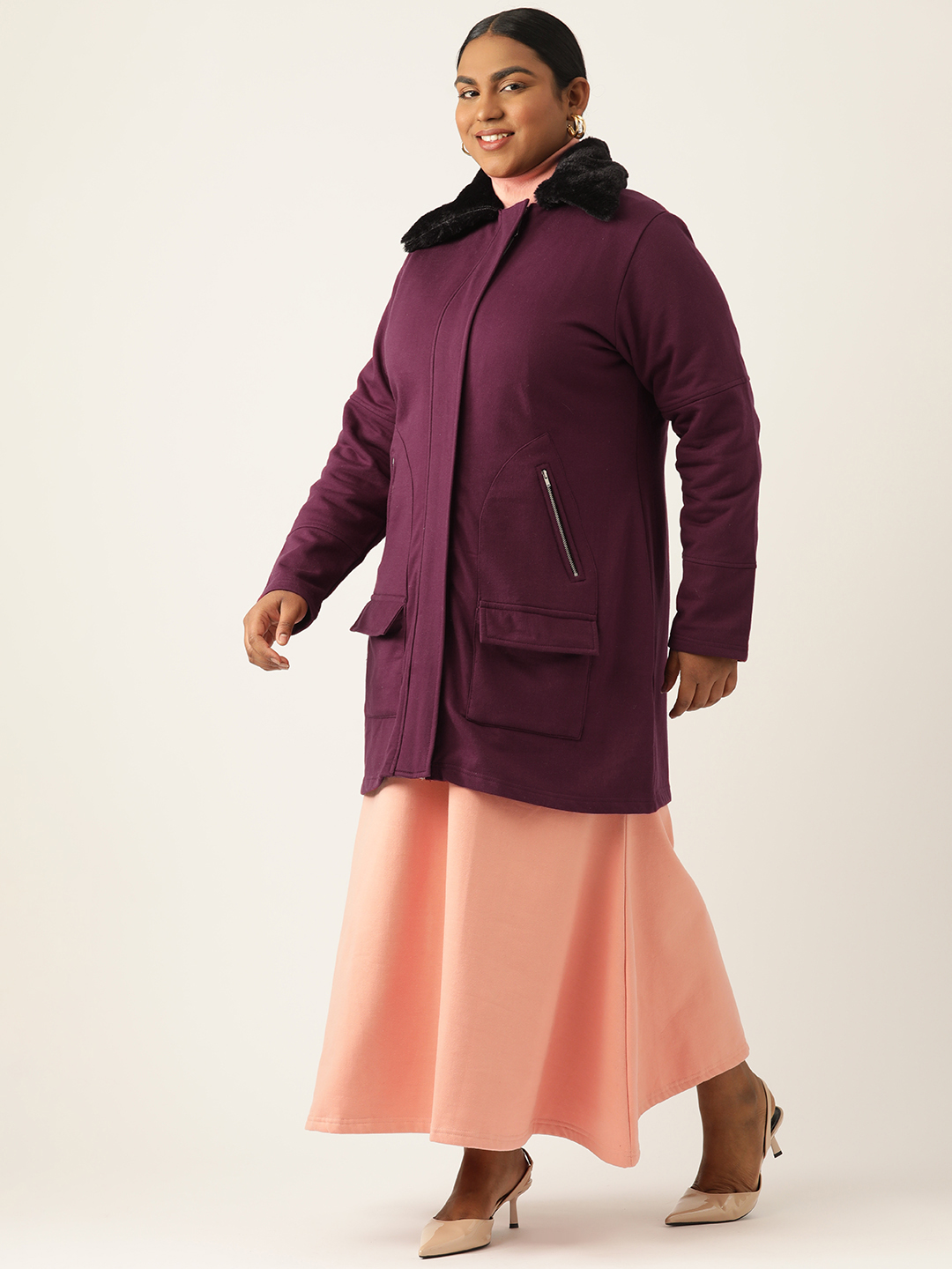 Women's Plus Size Plum Solid Color Fleece Winter Longline Jacket