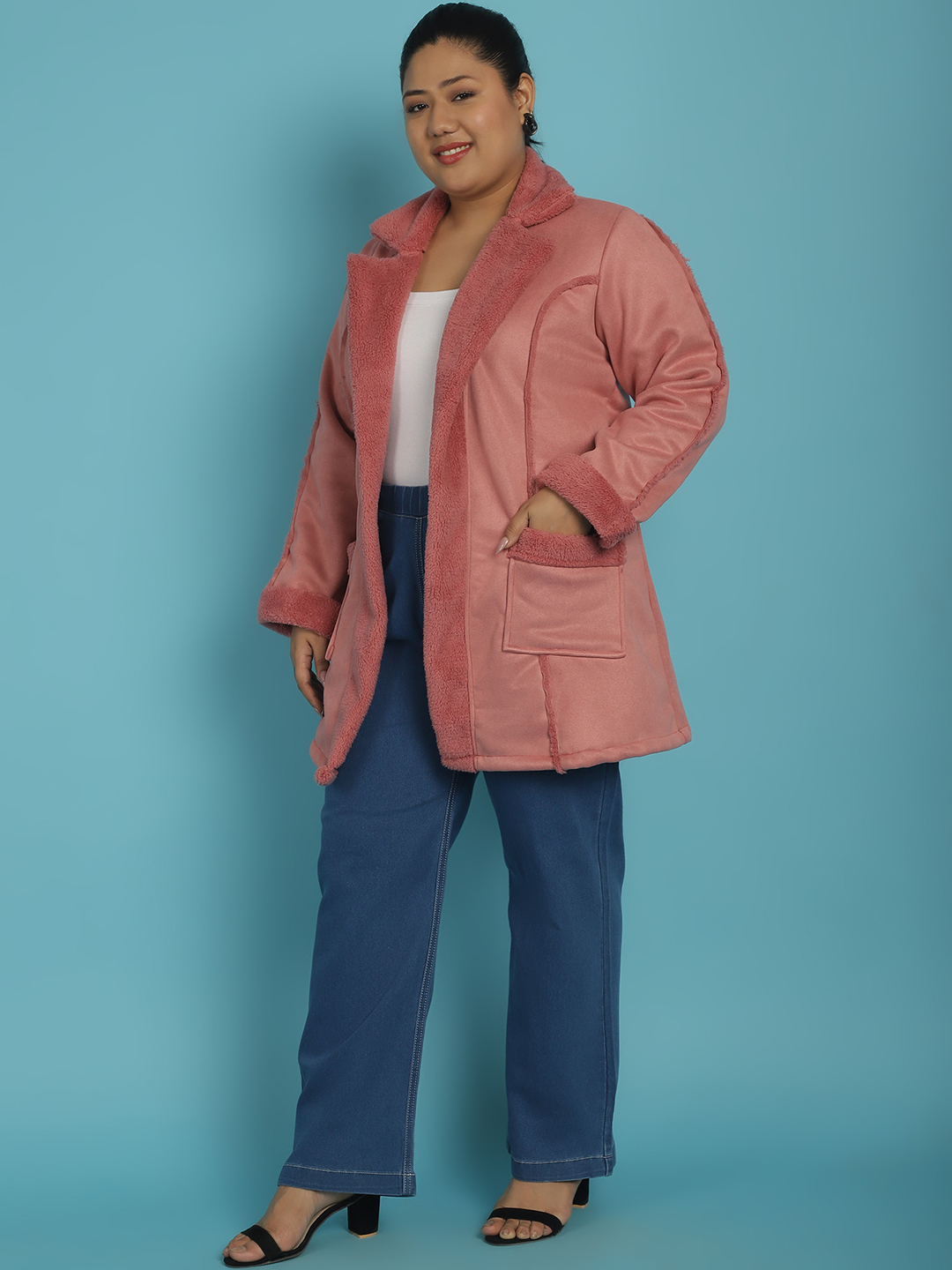 Women's Plus Size Pink Solid Color bonded Fur Longline Jacket