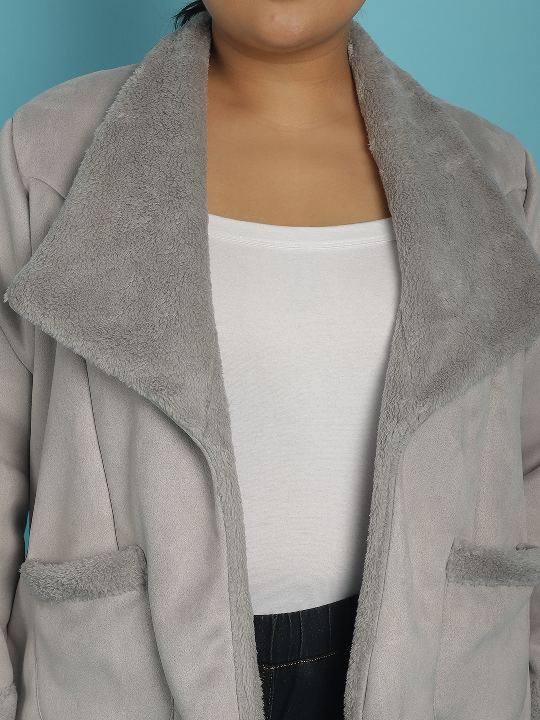 Women's Plus Size Grey Solid Color bonded Fur Jacket