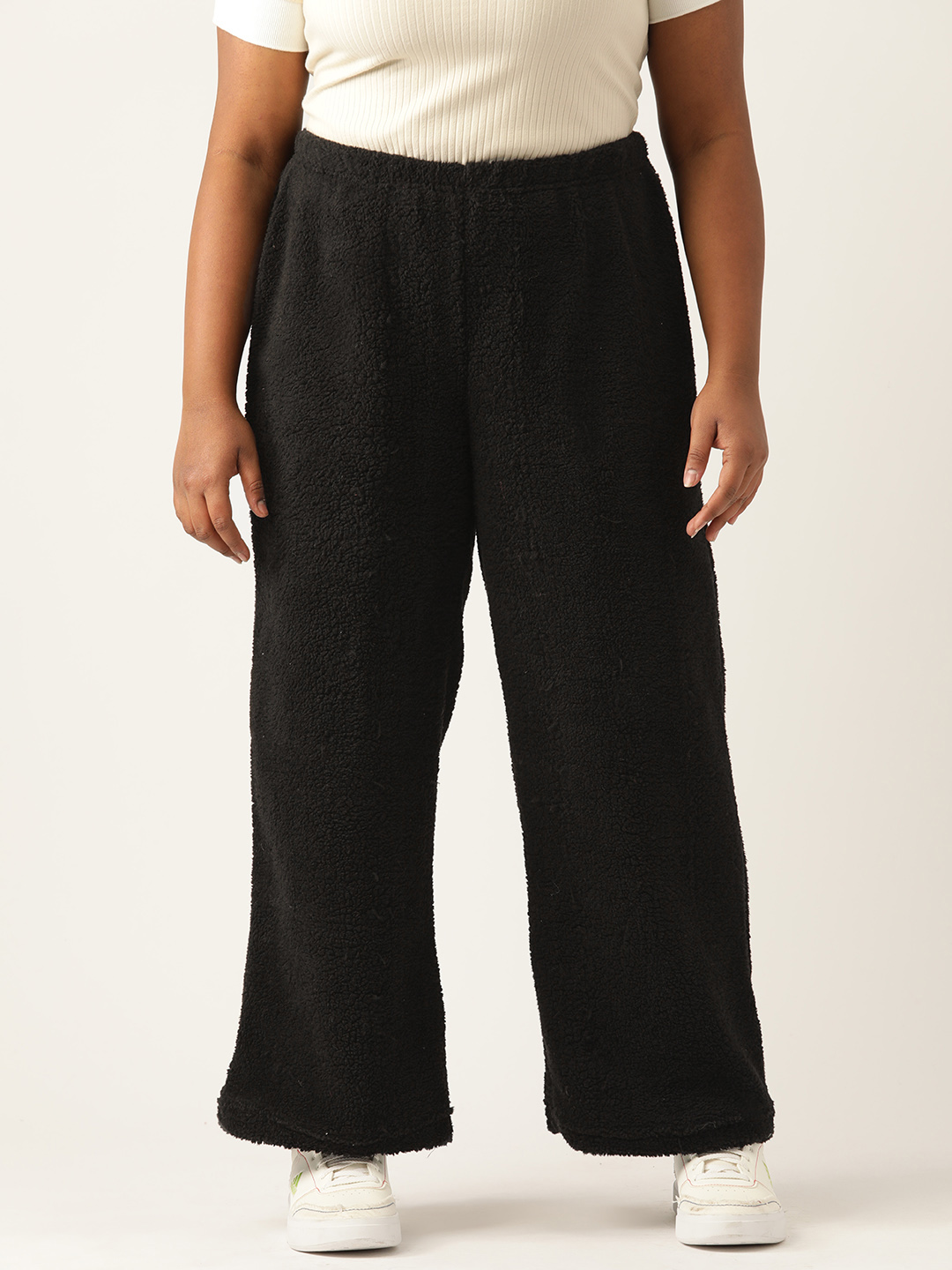 Women's Plus Size Black Solid Color Teddy Winter Trouser