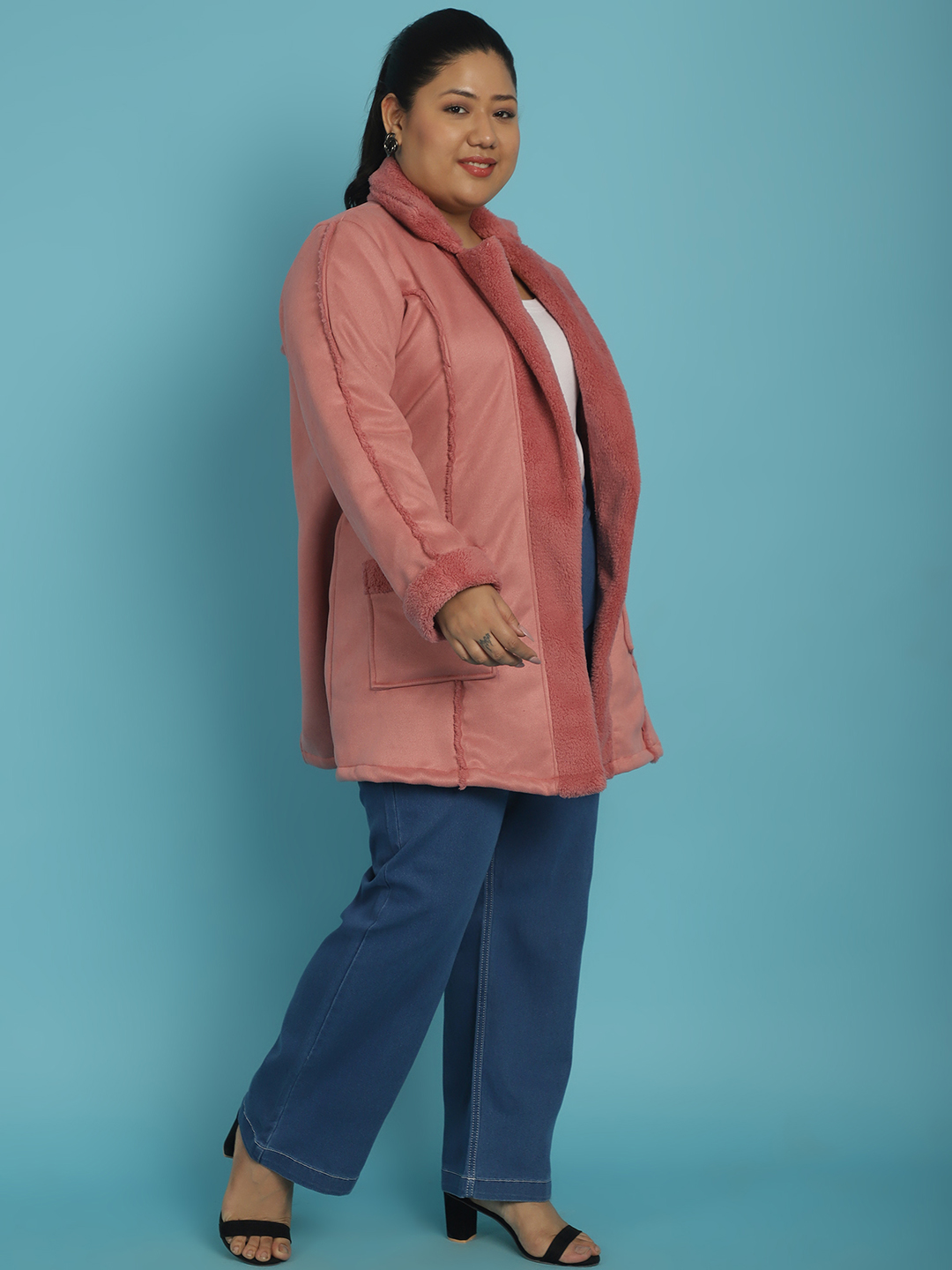 Women's Plus Size Pink Solid Color bonded Fur Longline Jacket