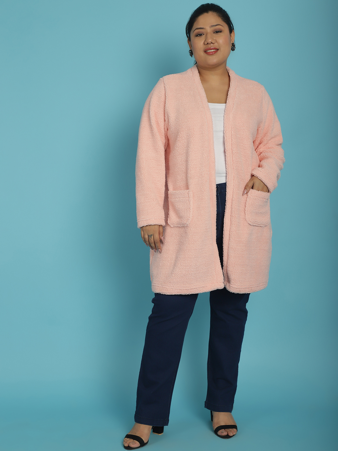Women's Plus Size Pink Solid Color Teddy Longline Jacket
