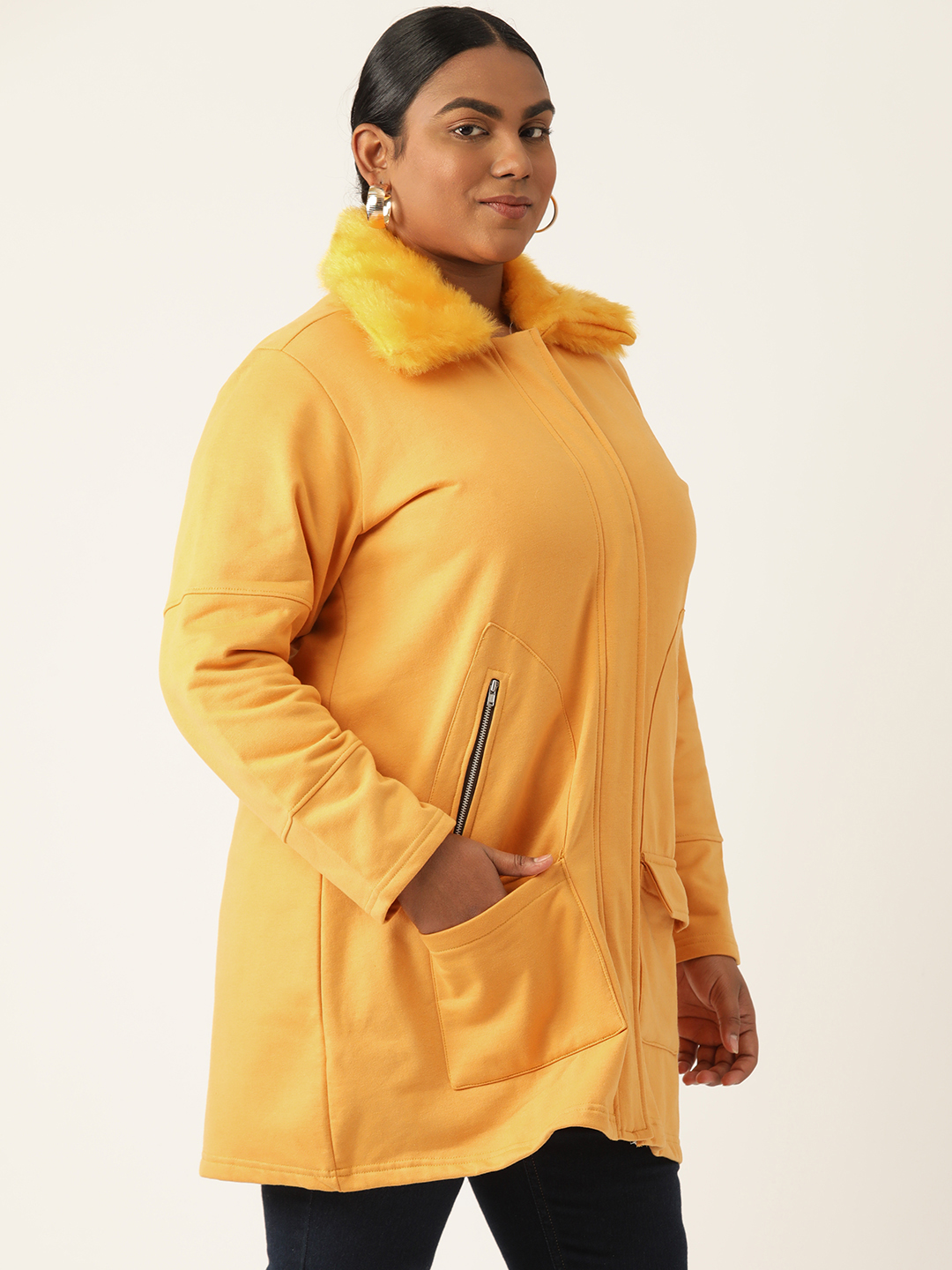 Women's Plus Size Yellow Solid Color Fleece Winter Longline Jacket