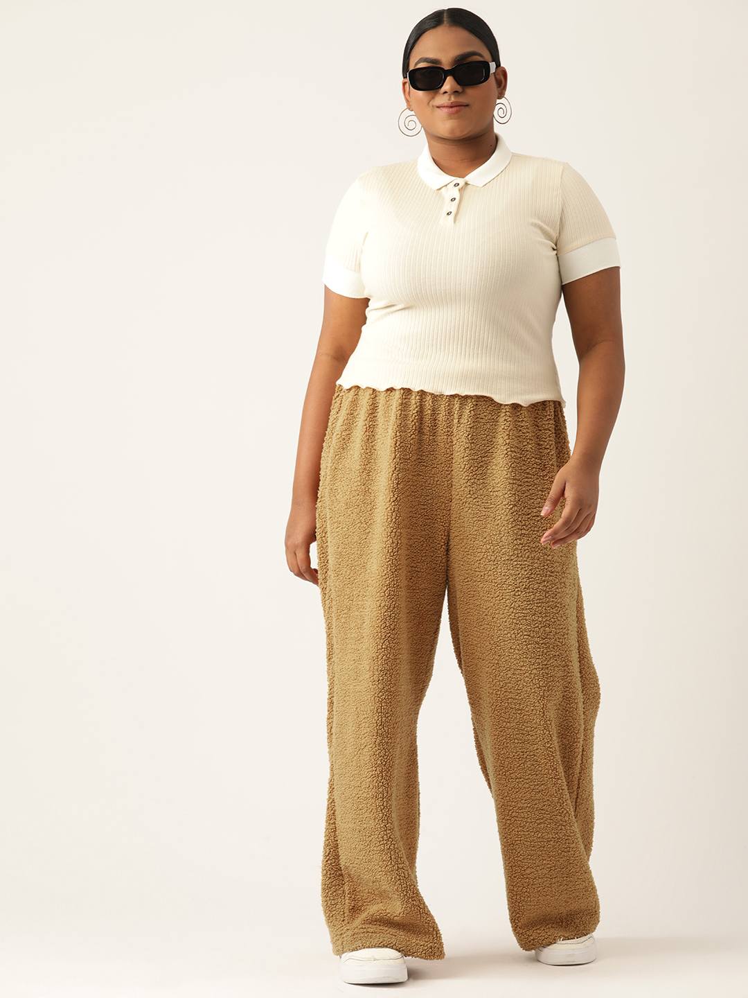 Women's Plus Size Camel Brown Solid Color Teddy Winter Trouser