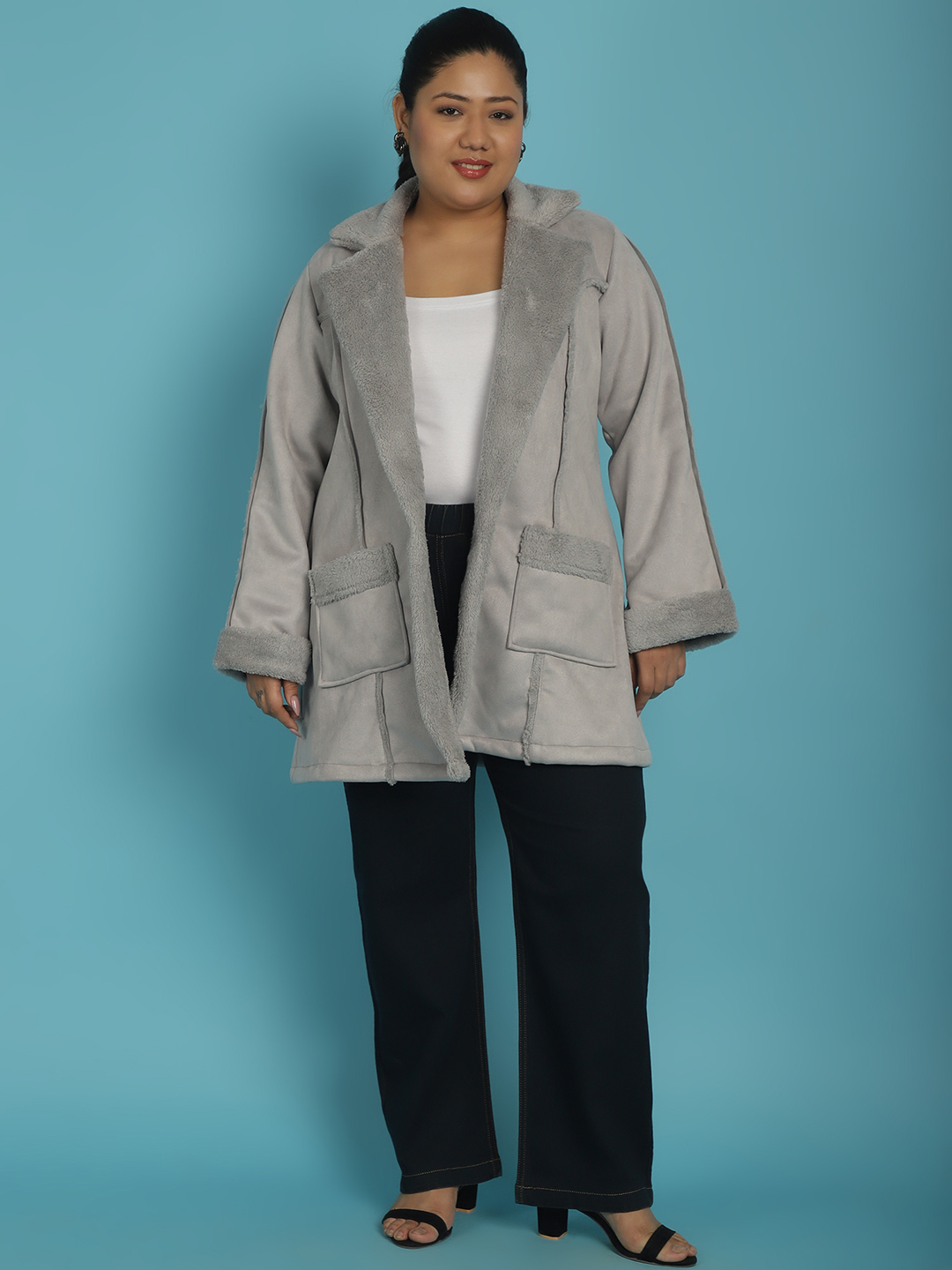 Women's Plus Size Grey Solid Color bonded Fur Longline Jacket