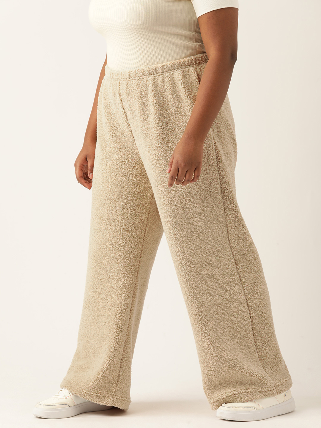 Women's Plus Size Off White Solid Color Teddy Winter Trouser
