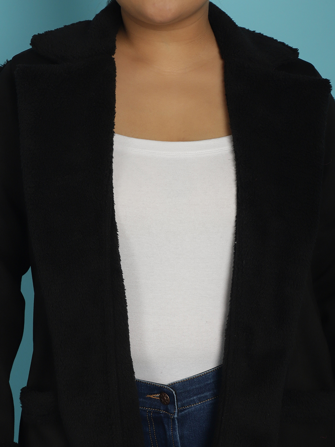 Women's Plus Size Black Solid Color bonded Fur Longline Jacket