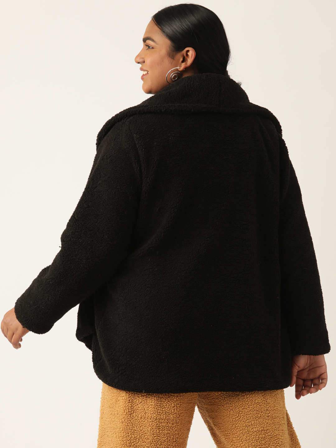 Women's Plus Size Black Solid Color Teddy Winter Jacket