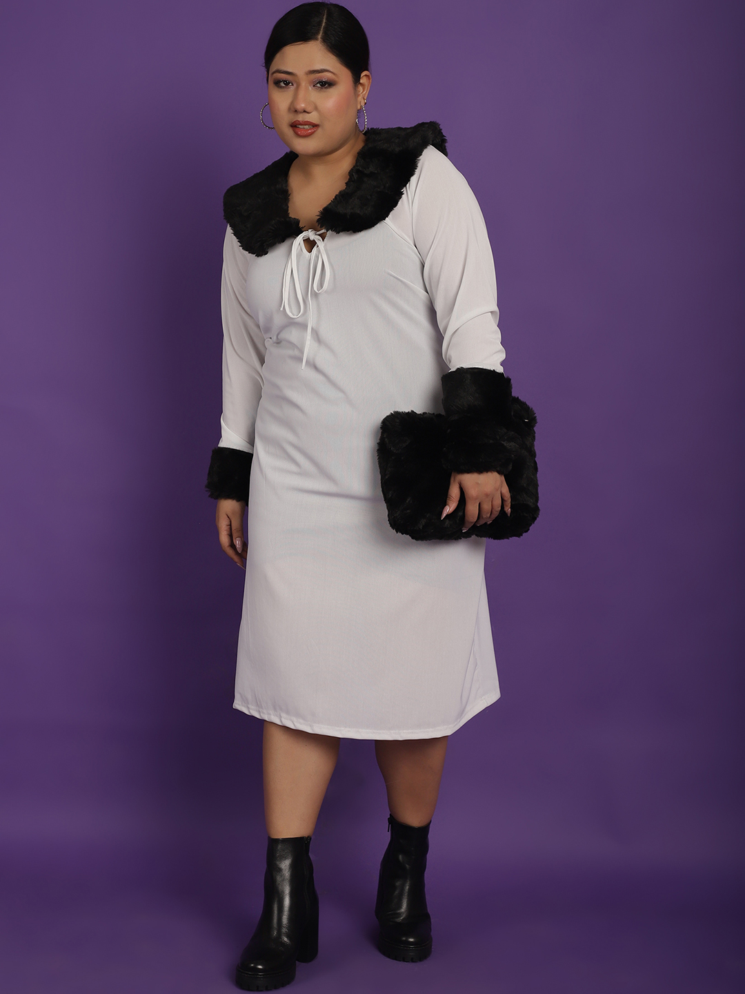 Women's Plus Size White Solid Color Party Wear Poly Knit Dress