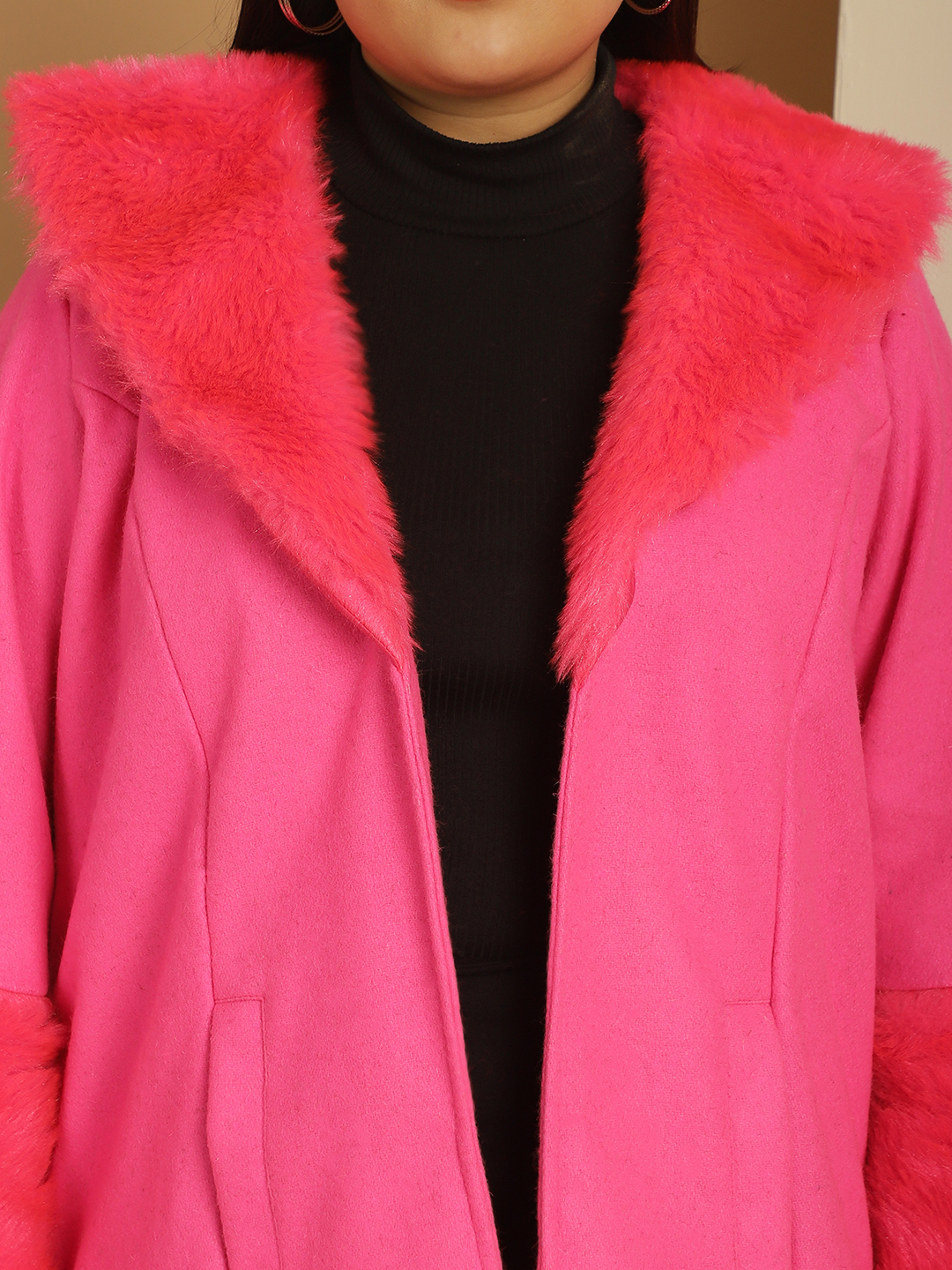 Women's Plus Size Dark Pink Solid Color faux fur Longline Jacket