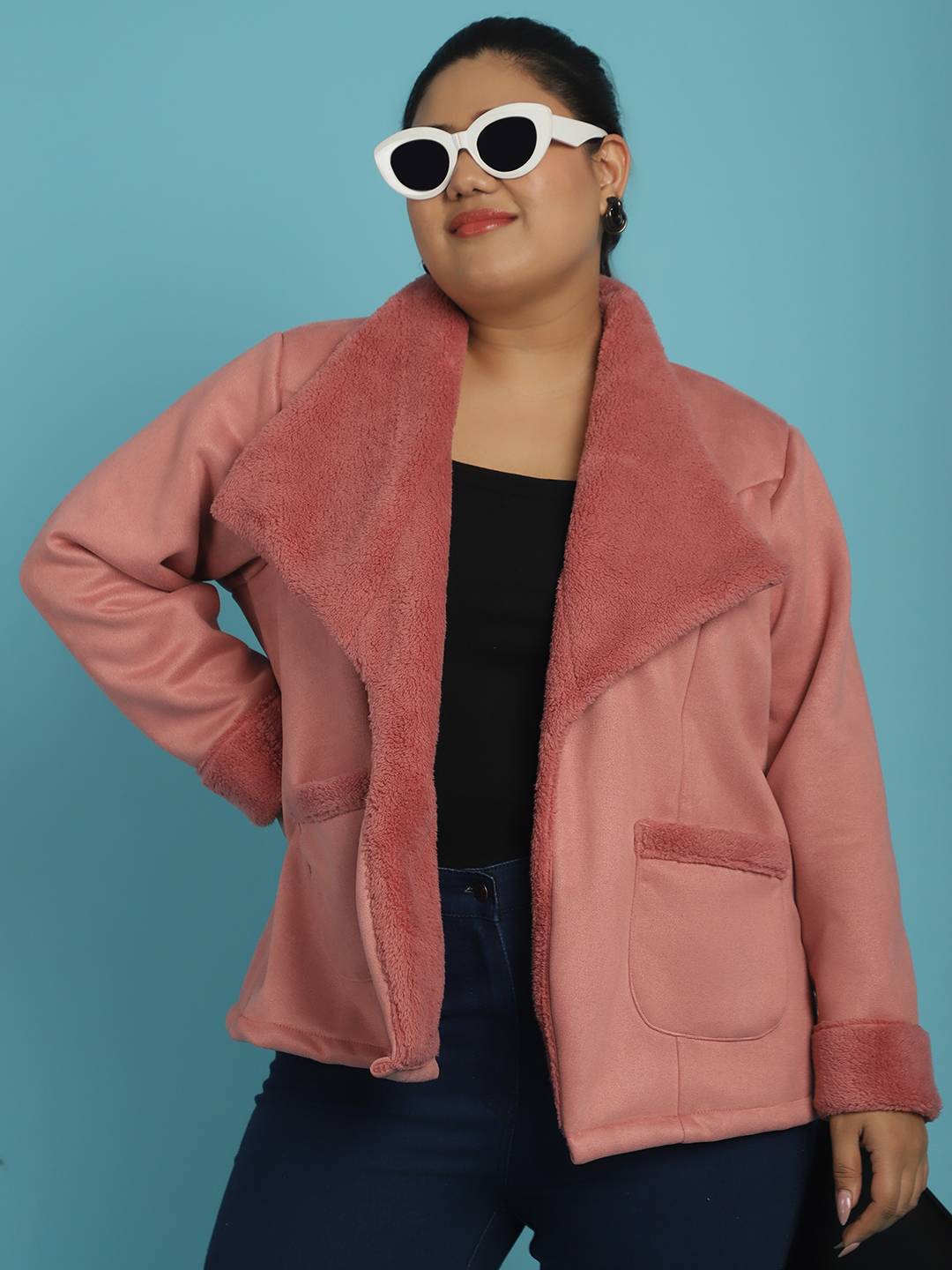Women's Plus Size Pink Solid Color bonded Fur Jacket