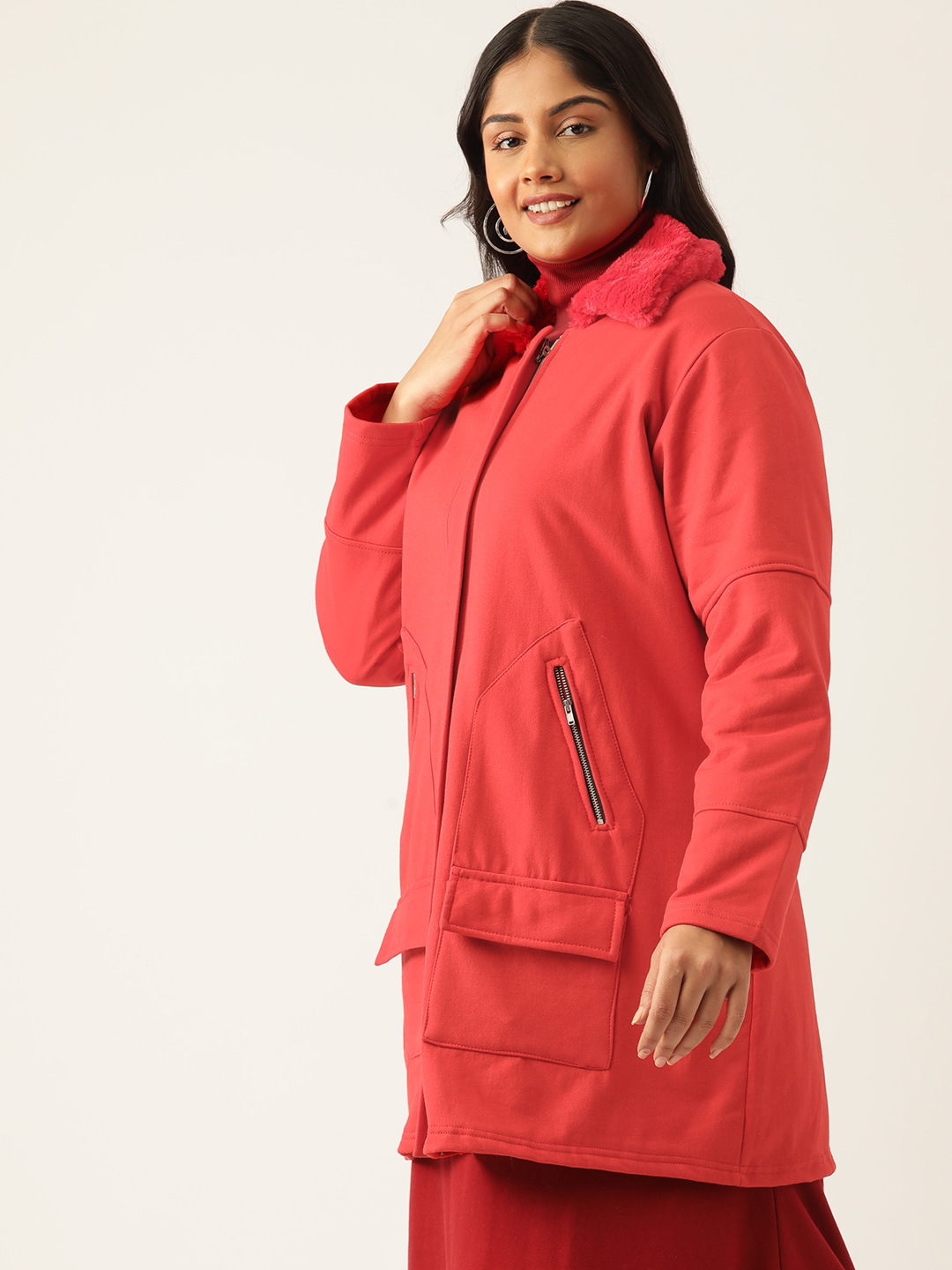 Women's Plus Size Red Solid Color Fleece Winter Longline Jacket