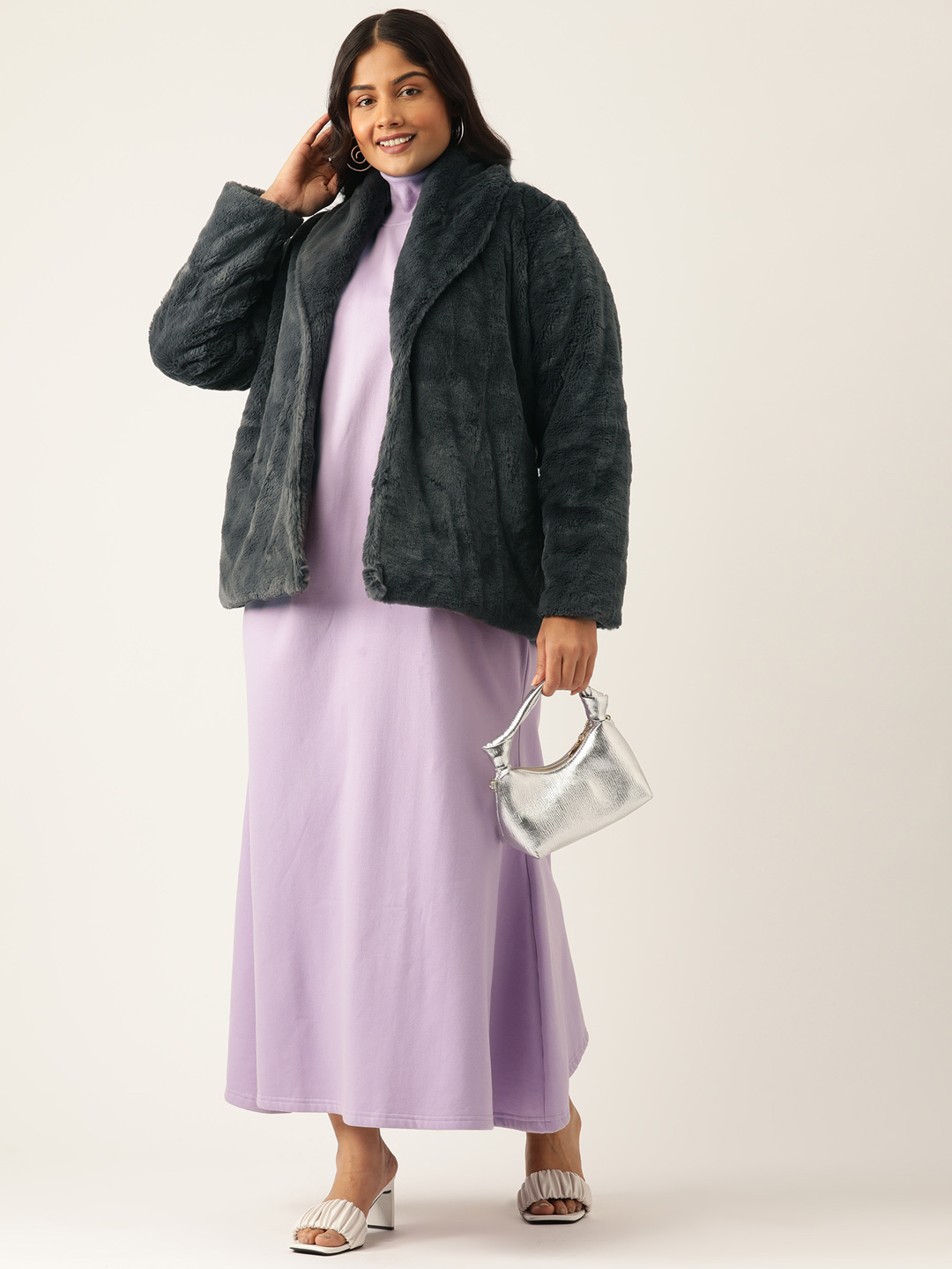 Women's Plus Size Charcoal Grey soild color faux fur winter jacket with attached lining
