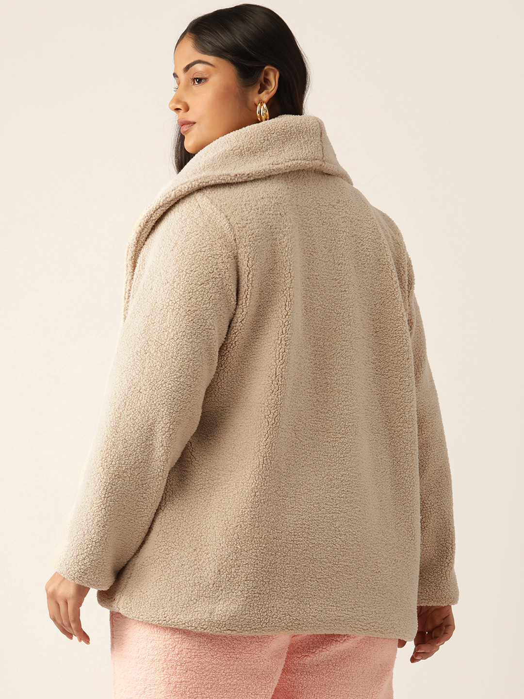 Women's Plus Size Off White Solid Color Teddy Winter Jacket