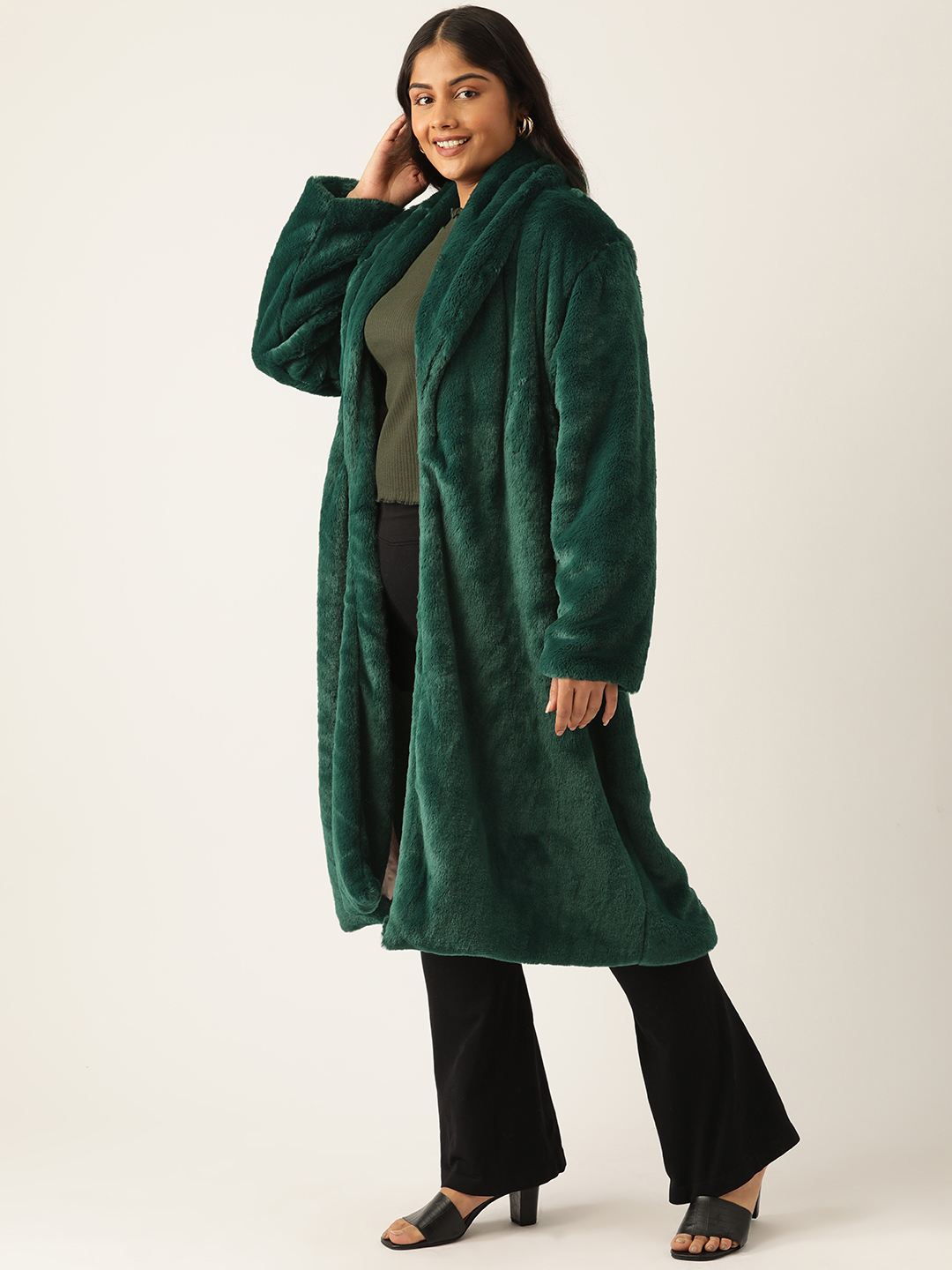 Women's Plus Size Bright Green soild color faux fur longline winter jacket with attached lining