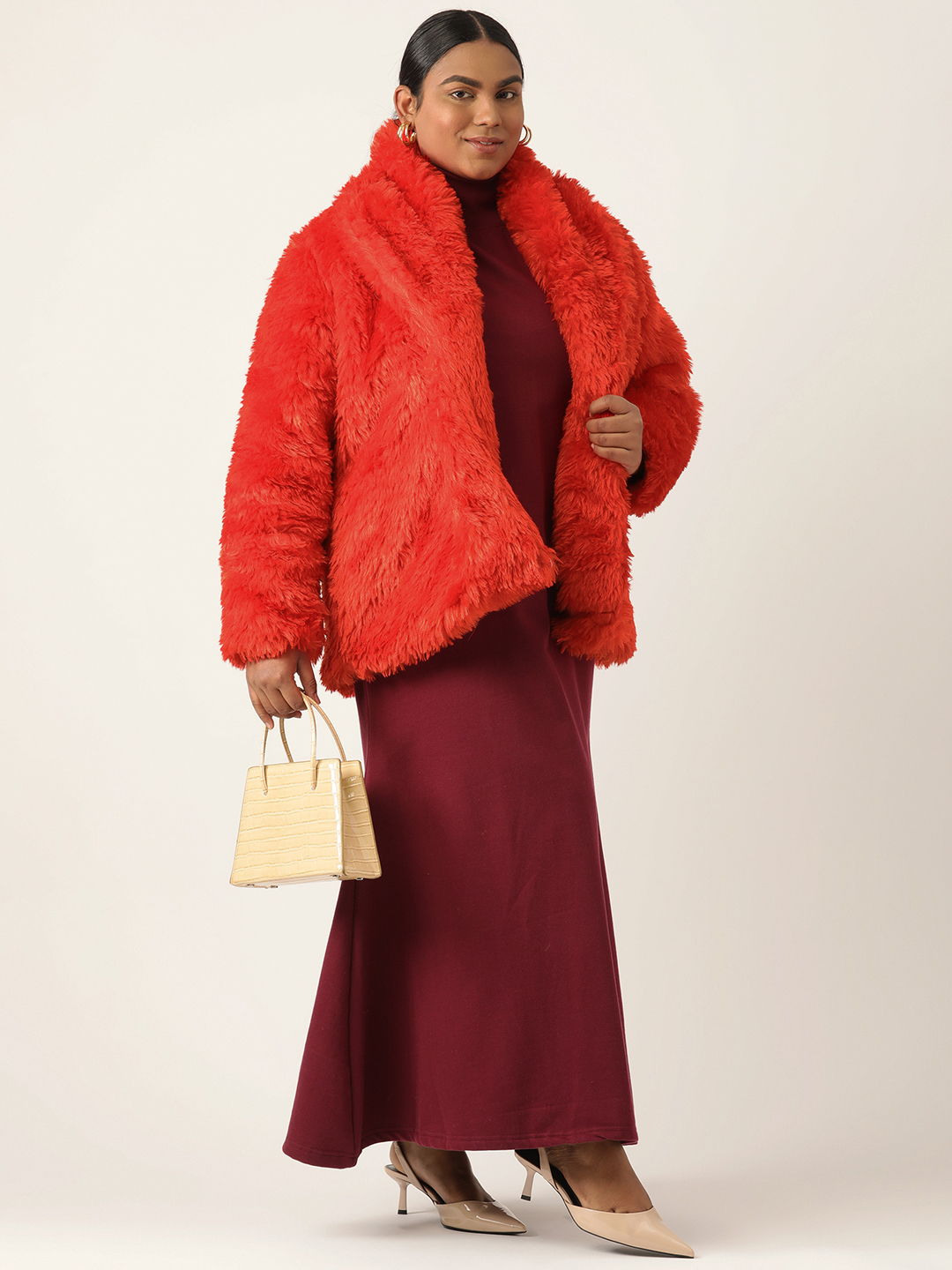 Women's Plus Size Red soild color faux fur winter jacket with attached lining
