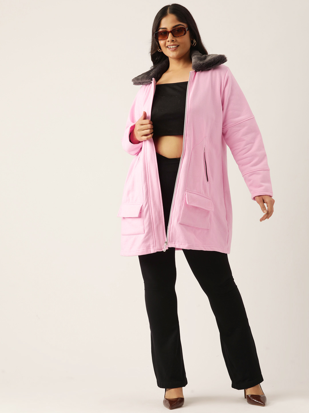 Women's Plus Size Light Pink Solid Color Fleece Winter Longline Jacket