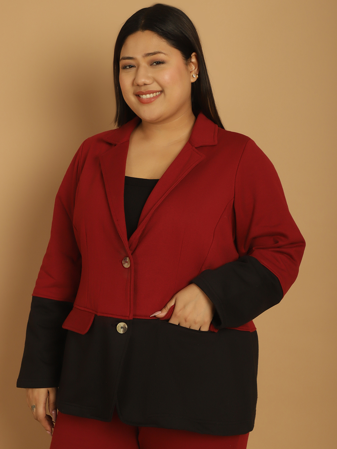 theRebelinme Plus Size Maroon & Black Color Block Knitted Jacket