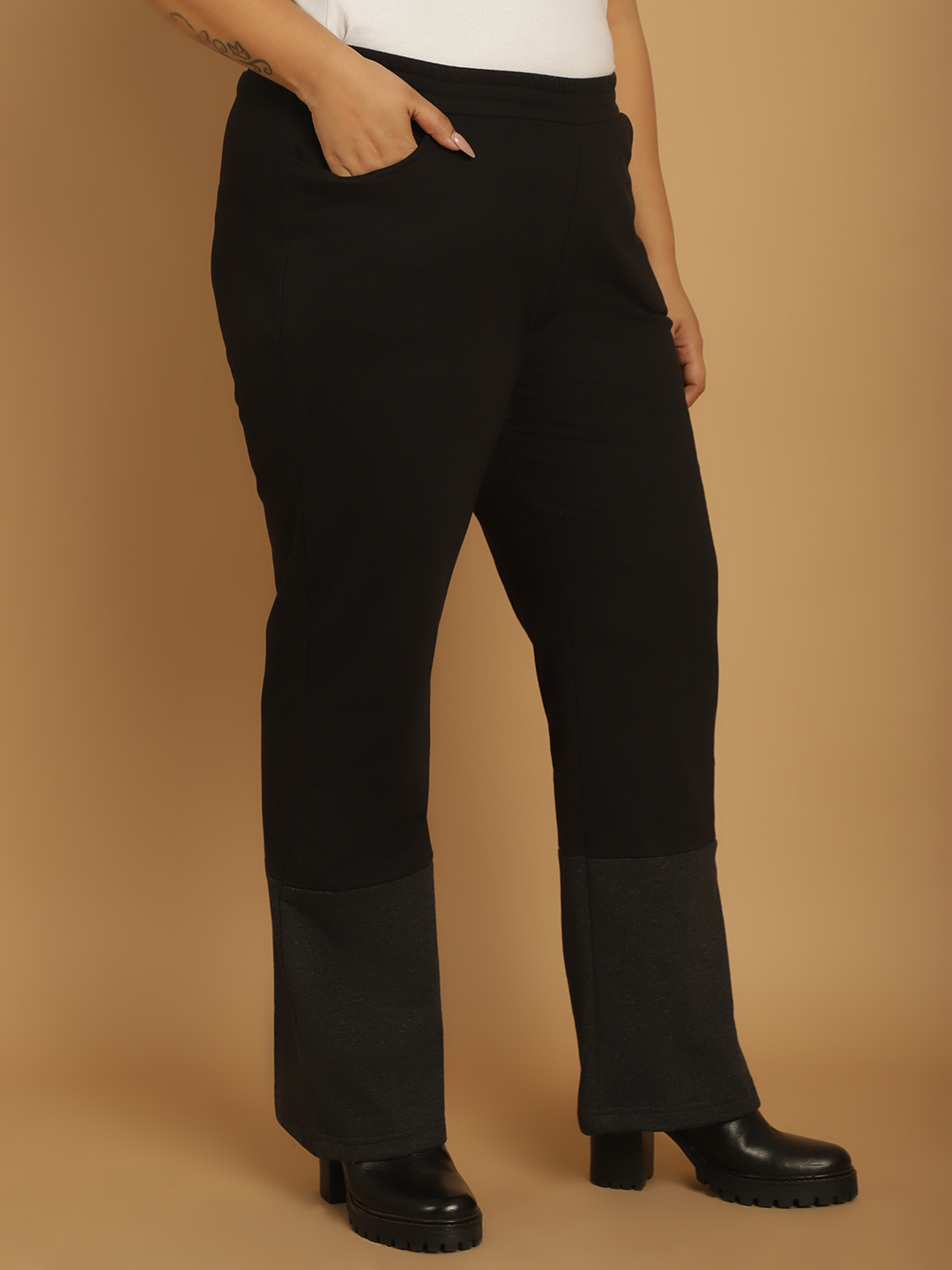 Women's Plus Size Black & Charcoal Grey Color Block Winter Trouser
