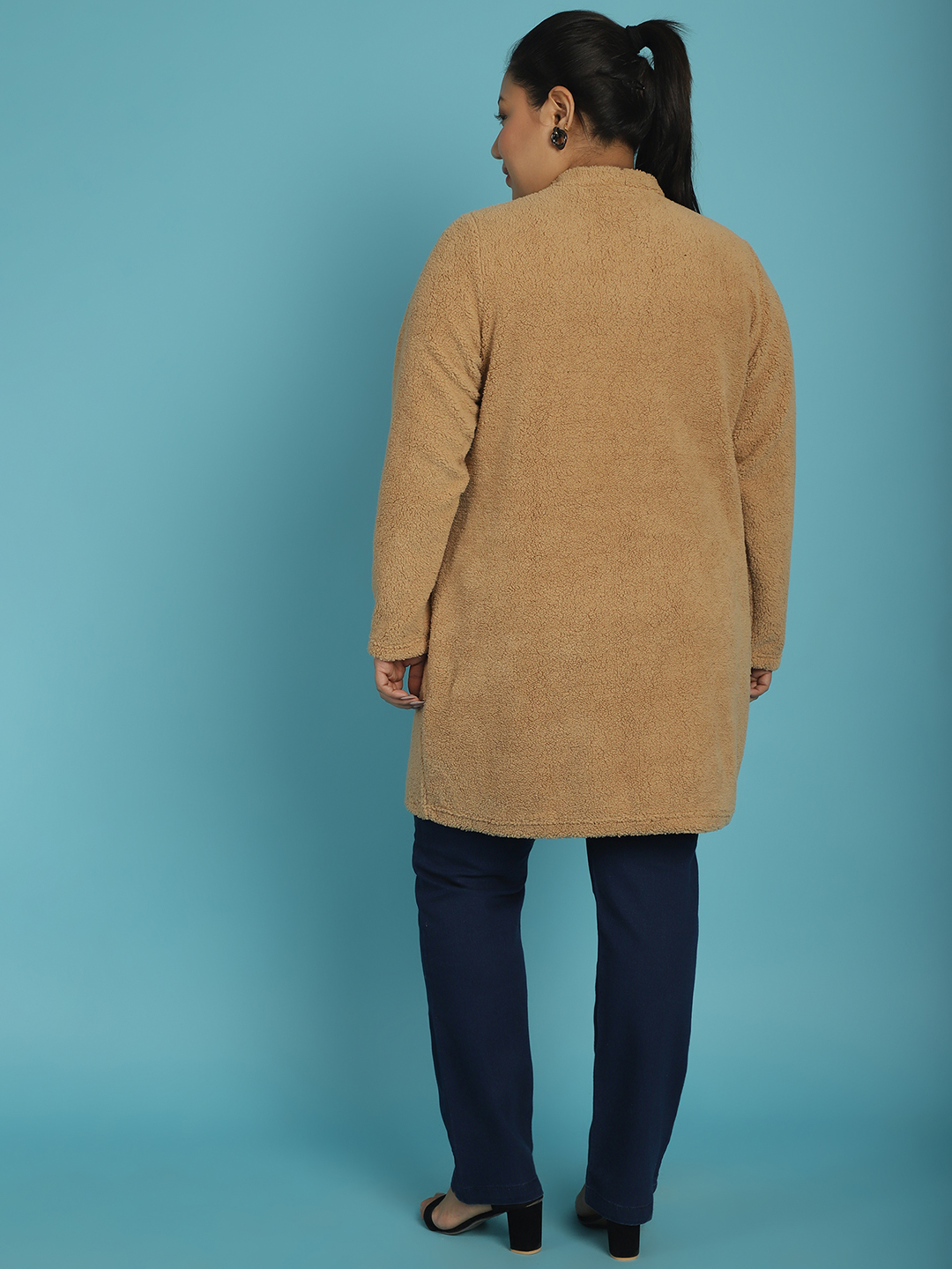 Women's Plus Size Camel Brown Solid Color Teddy Longline Jacket