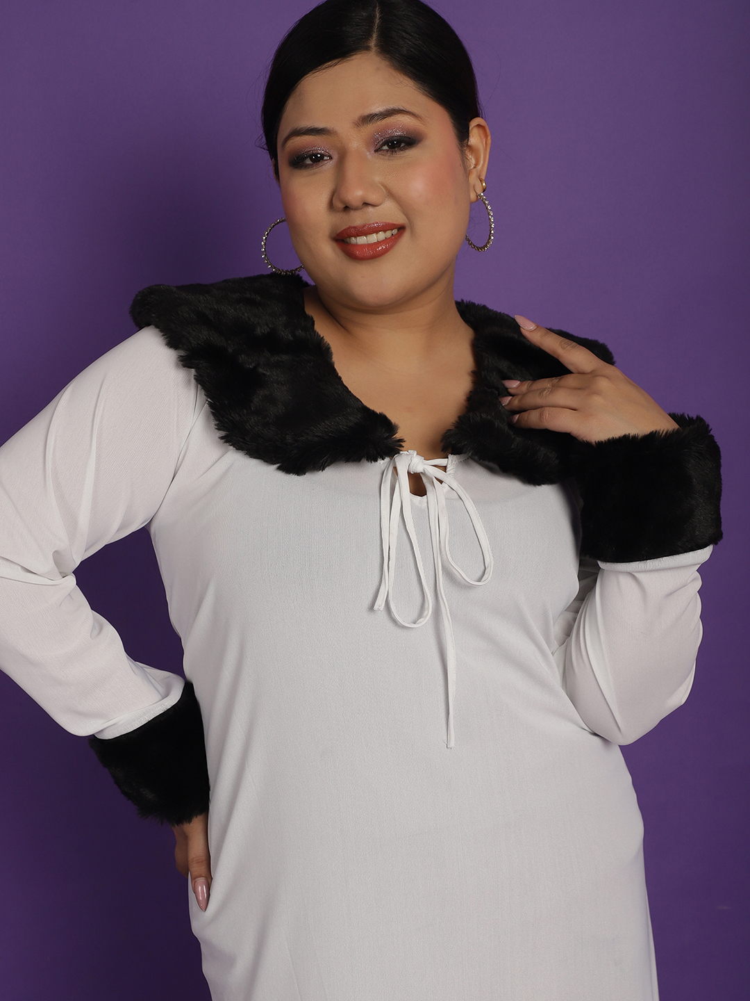 Women's Plus Size White Solid Color Party Wear Poly Knit Dress