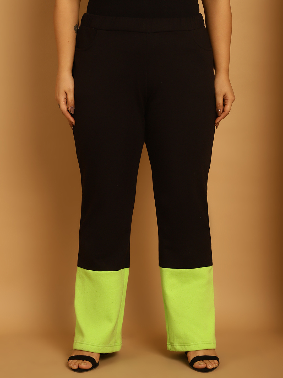 Women's Plus Size Bright Green & Black Color Block Winter Trouser