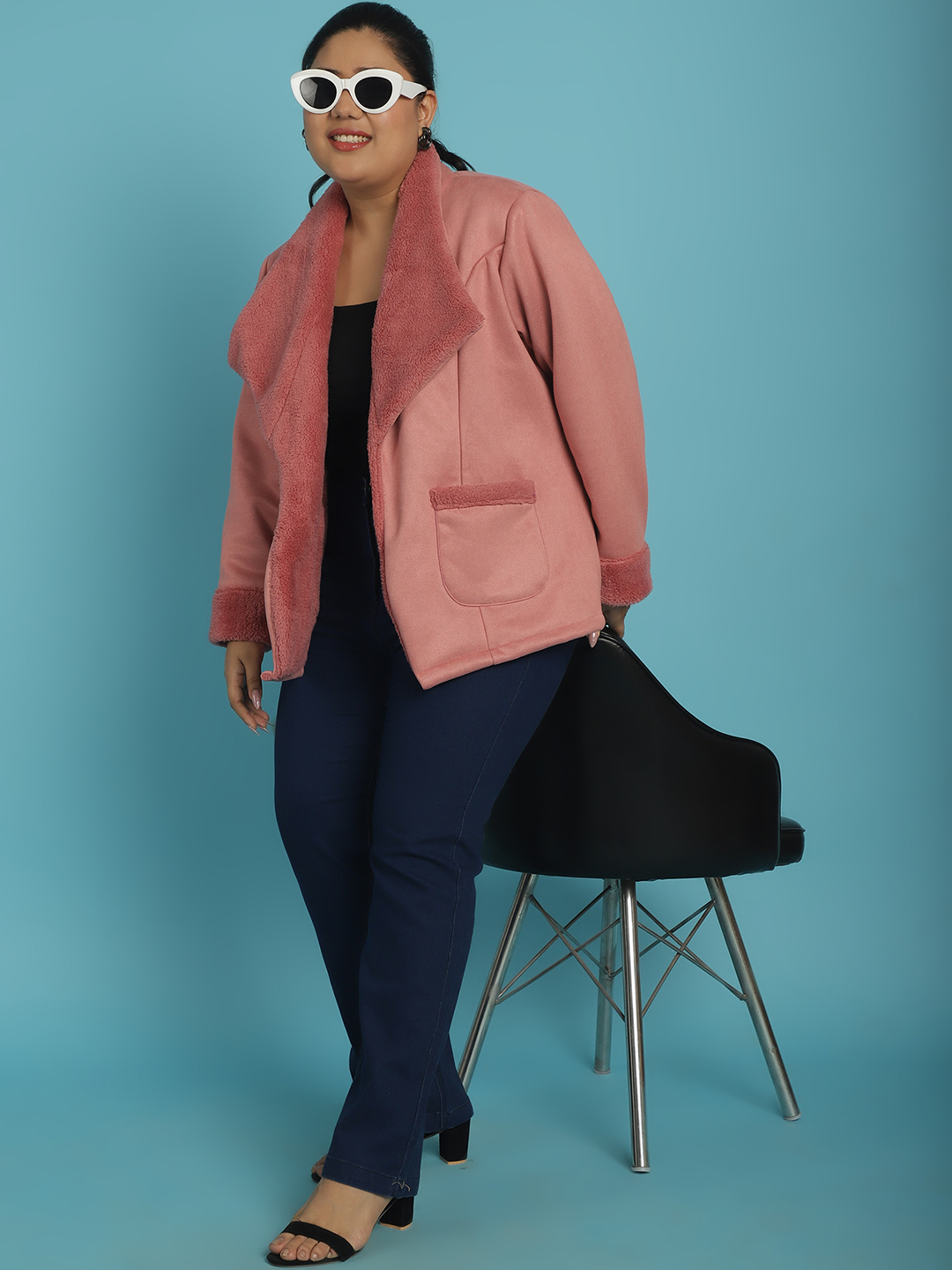 Women's Plus Size Pink Solid Color bonded Fur Jacket