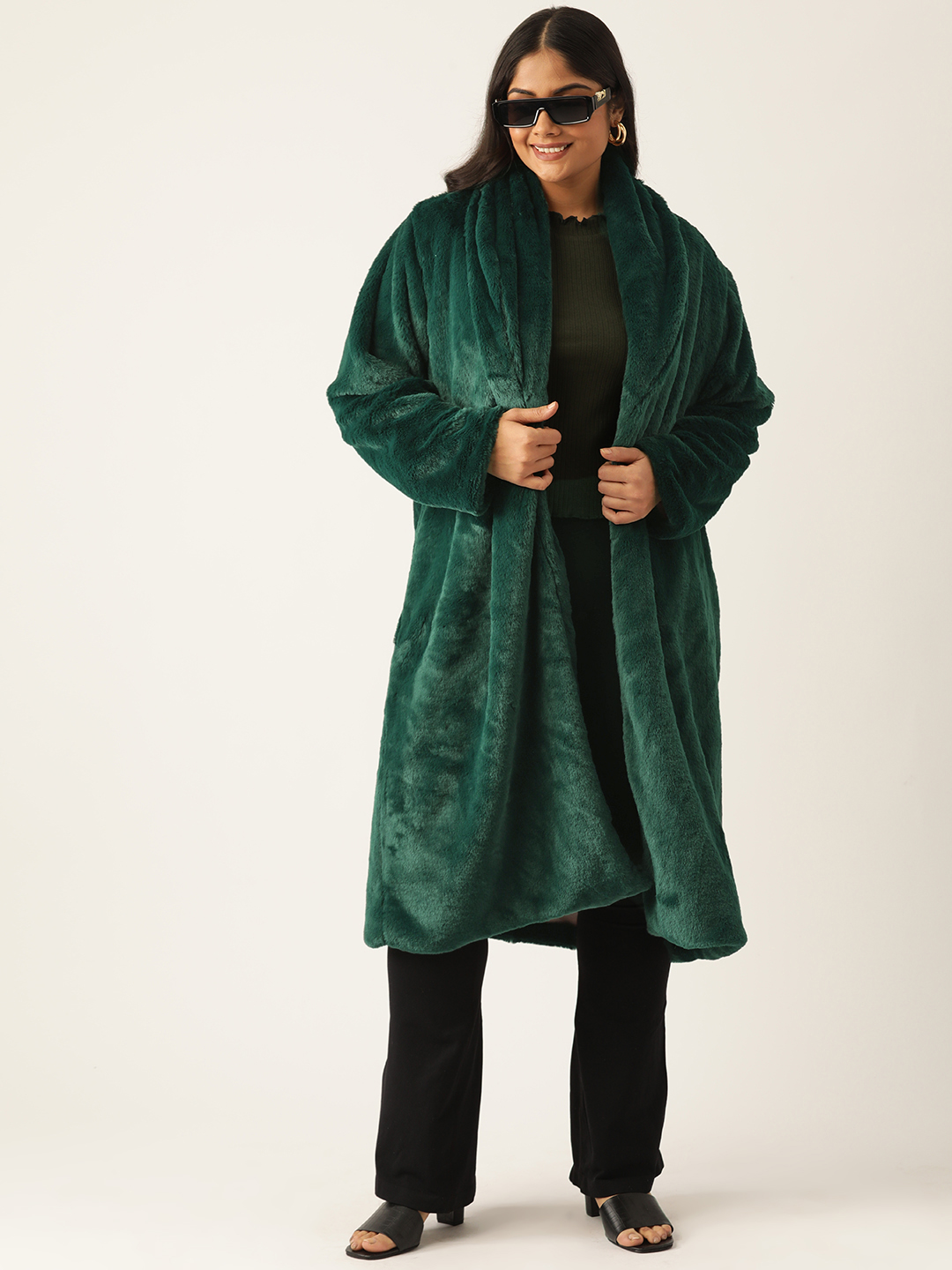 Women's Plus Size Bright Green soild color faux fur longline winter jacket with attached lining