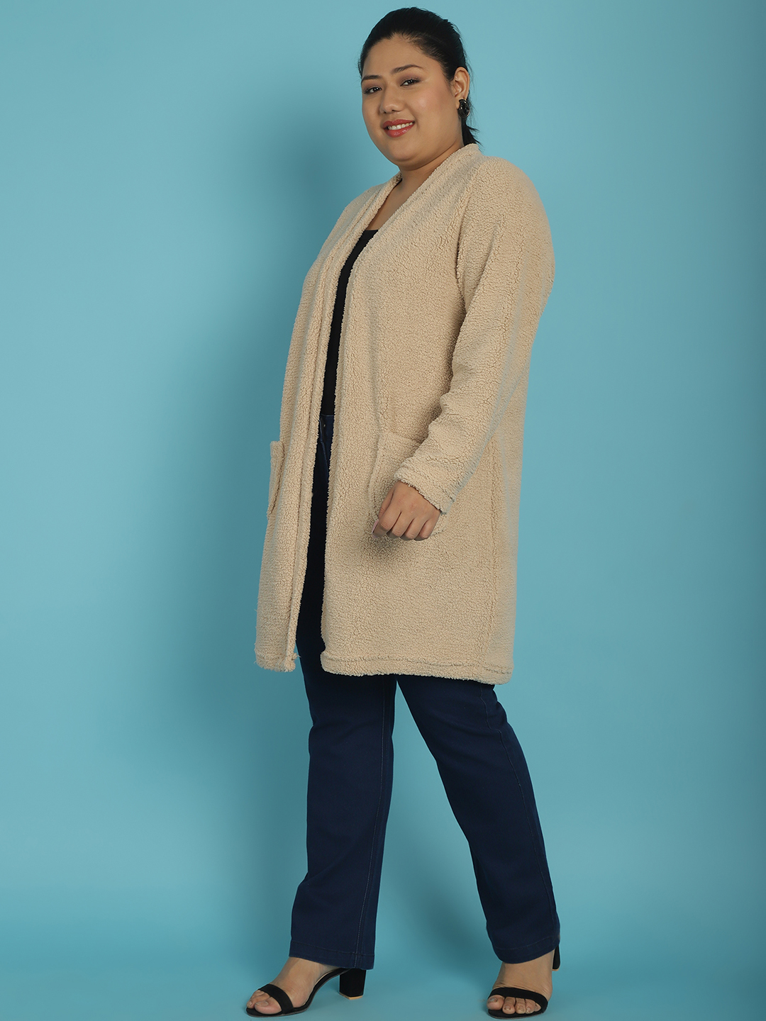 Women's Plus Size Off White Solid Color Teddy Longline Jacket