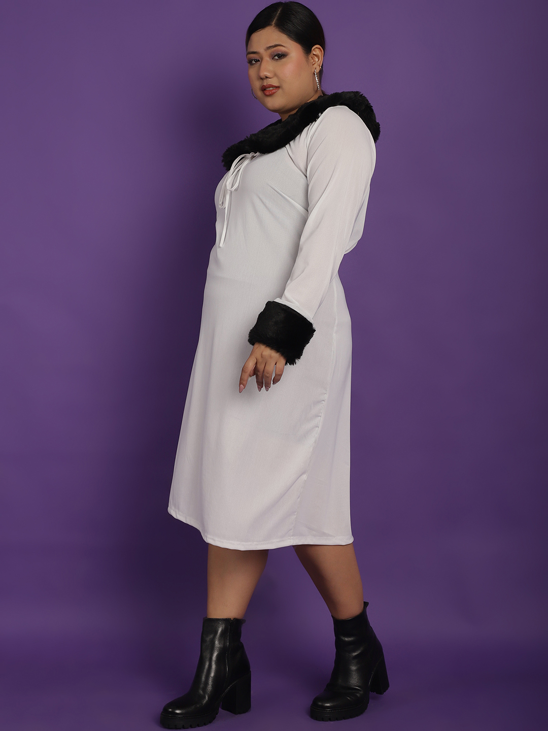 Women's Plus Size White Solid Color Party Wear Poly Knit Dress
