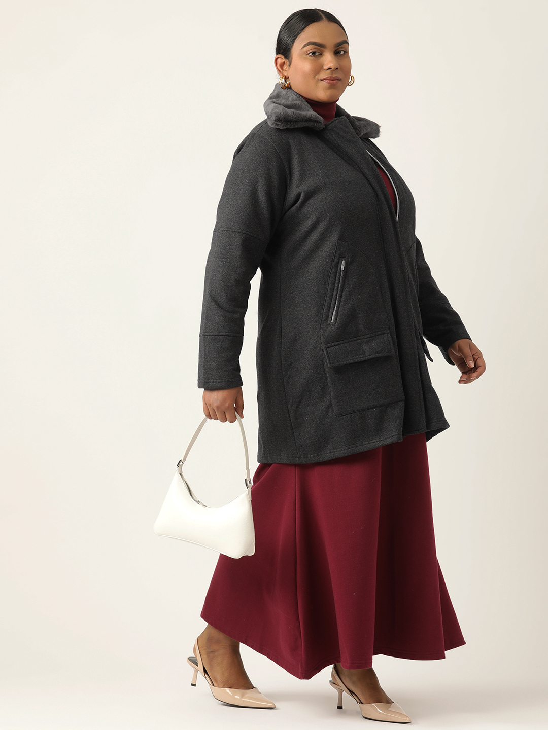 Women's Plus Size Charcoal Grey Solid Color Fleece Winter Longline Jacket