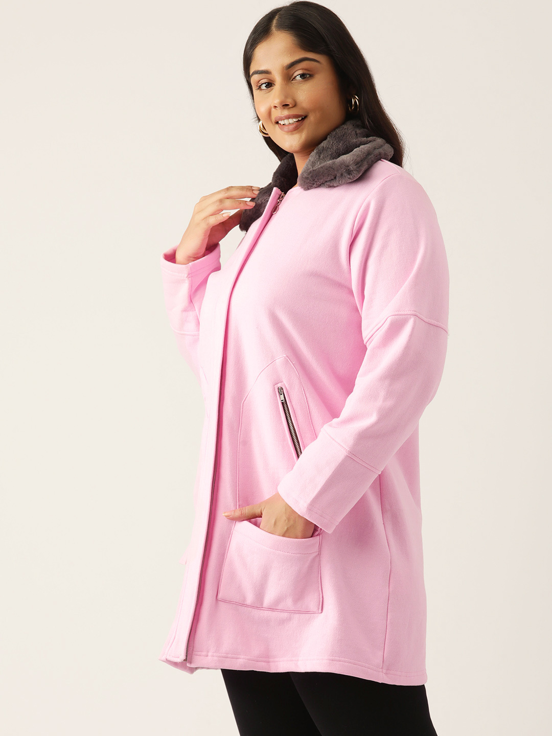 Women's Plus Size Light Pink Solid Color Fleece Winter Longline Jacket