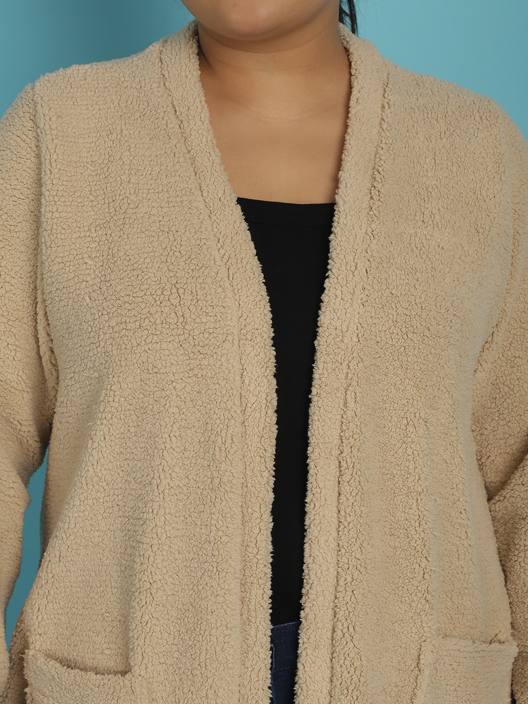 Women's Plus Size Off White Solid Color Teddy Longline Jacket