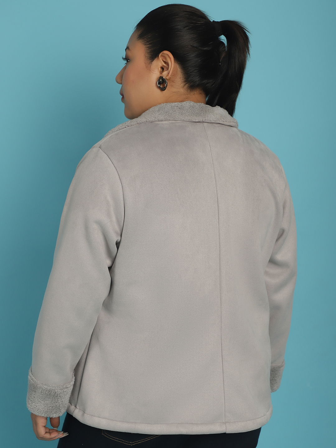 Women's Plus Size Grey Solid Color bonded Fur Jacket