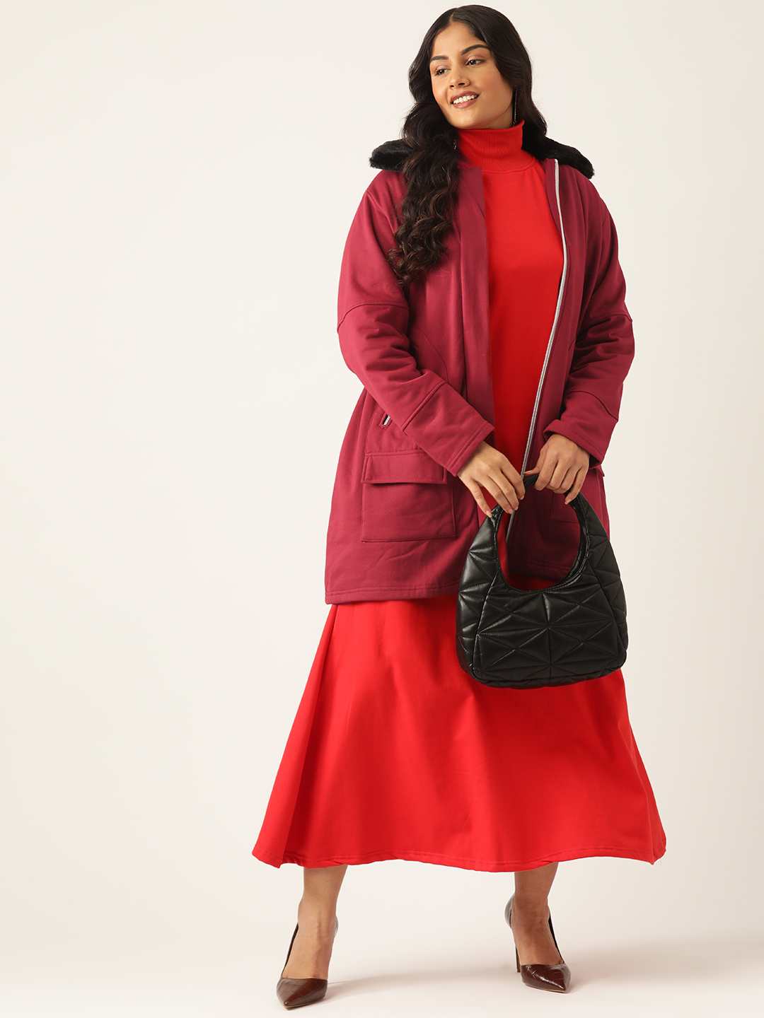 Women's Plus Size Maroon Solid Color Fleece Winter Longline Jacket