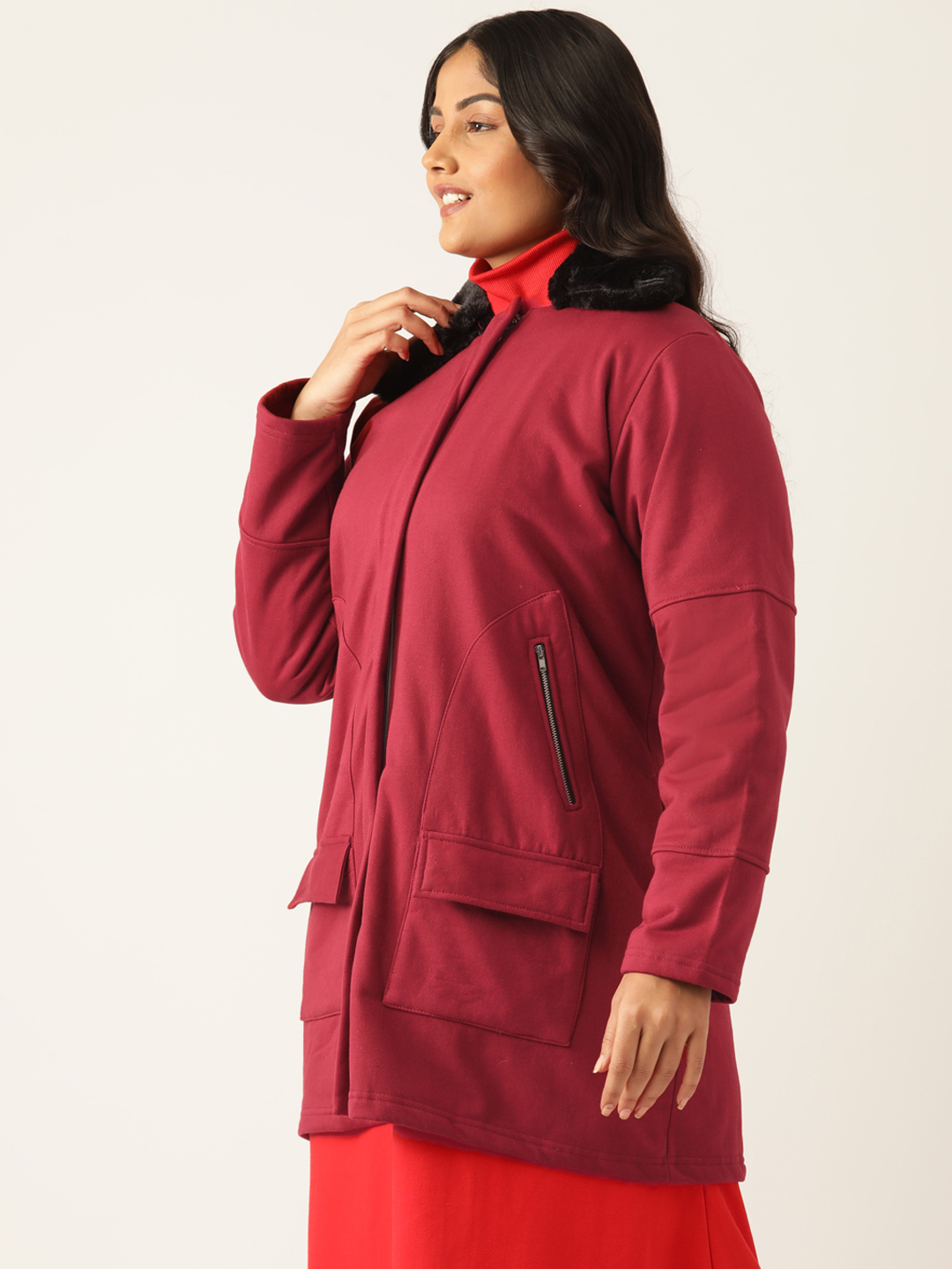 Women's Plus Size Maroon Solid Color Fleece Winter Longline Jacket