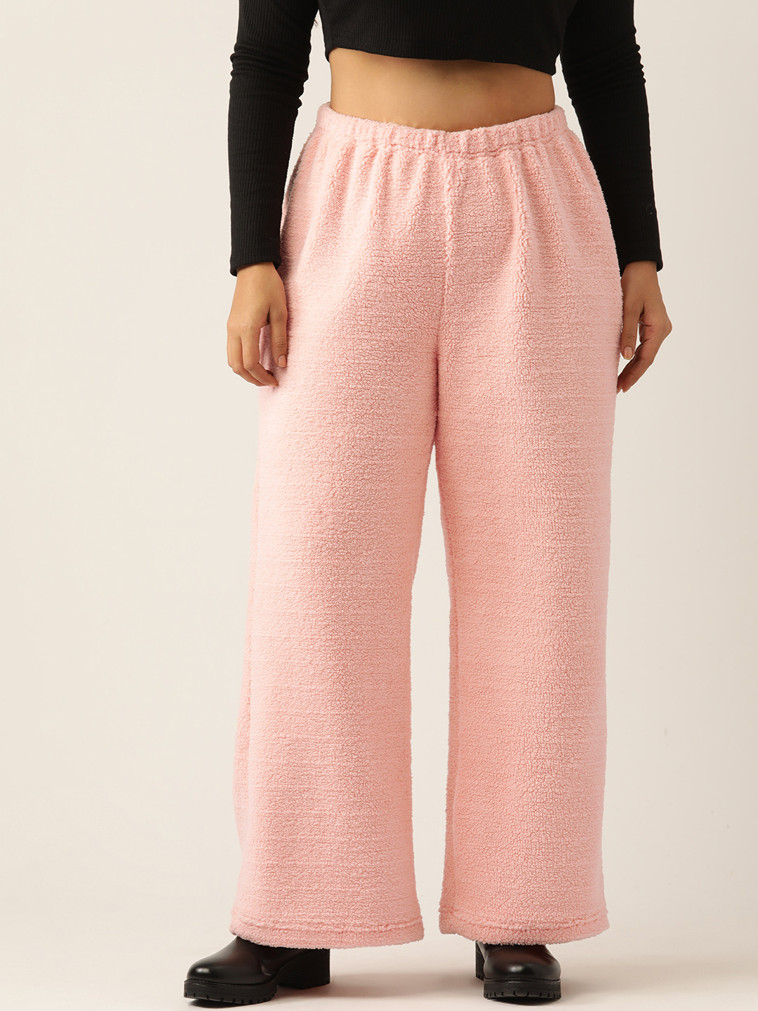 Women's Plus Size Pink Solid Color Teddy Winter Trouser