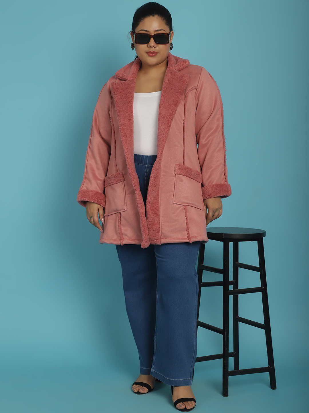 Women's Plus Size Pink Solid Color bonded Fur Longline Jacket