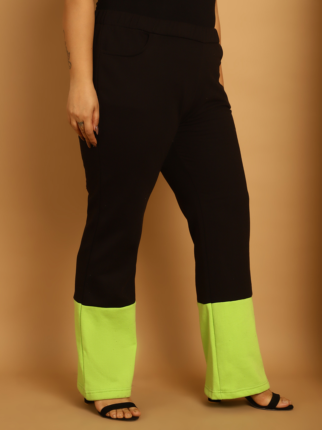 Women's Plus Size Bright Green & Black Color Block Winter Trouser